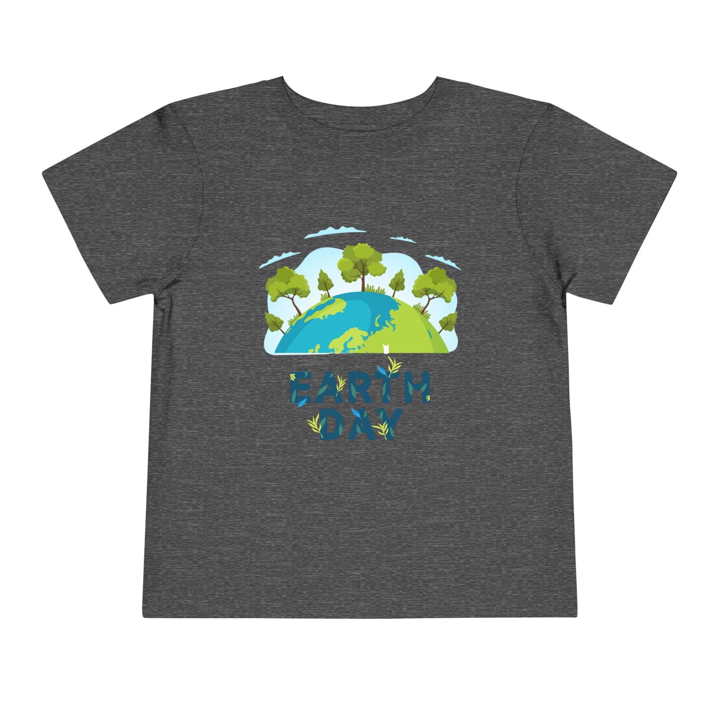 Soft cotton toddler tee with green tree-topped globe and Earth Day lettering. Perfect for eco-friendly kids and Earth Day celebrations. Sizes 2T-5T. Dark Grey Heather