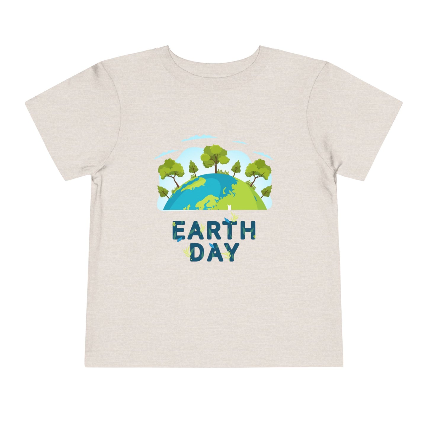 Soft cotton toddler tee with green tree-topped globe and Earth Day lettering. Perfect for eco-friendly kids and Earth Day celebrations. Sizes 2T-5T. Heather Stone