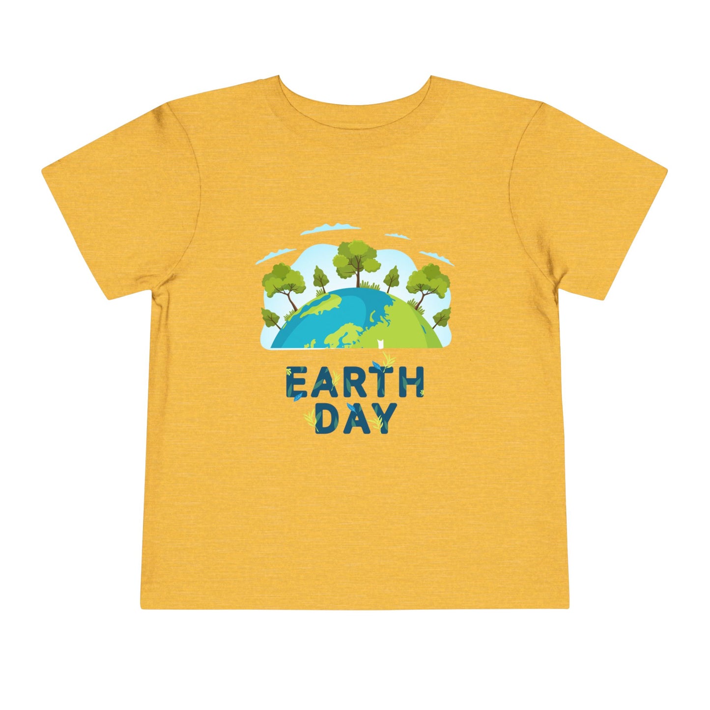 Soft cotton toddler tee with green tree-topped globe and Earth Day lettering. Perfect for eco-friendly kids and Earth Day celebrations. Sizes 2T-5T. Heather Yellow Gold