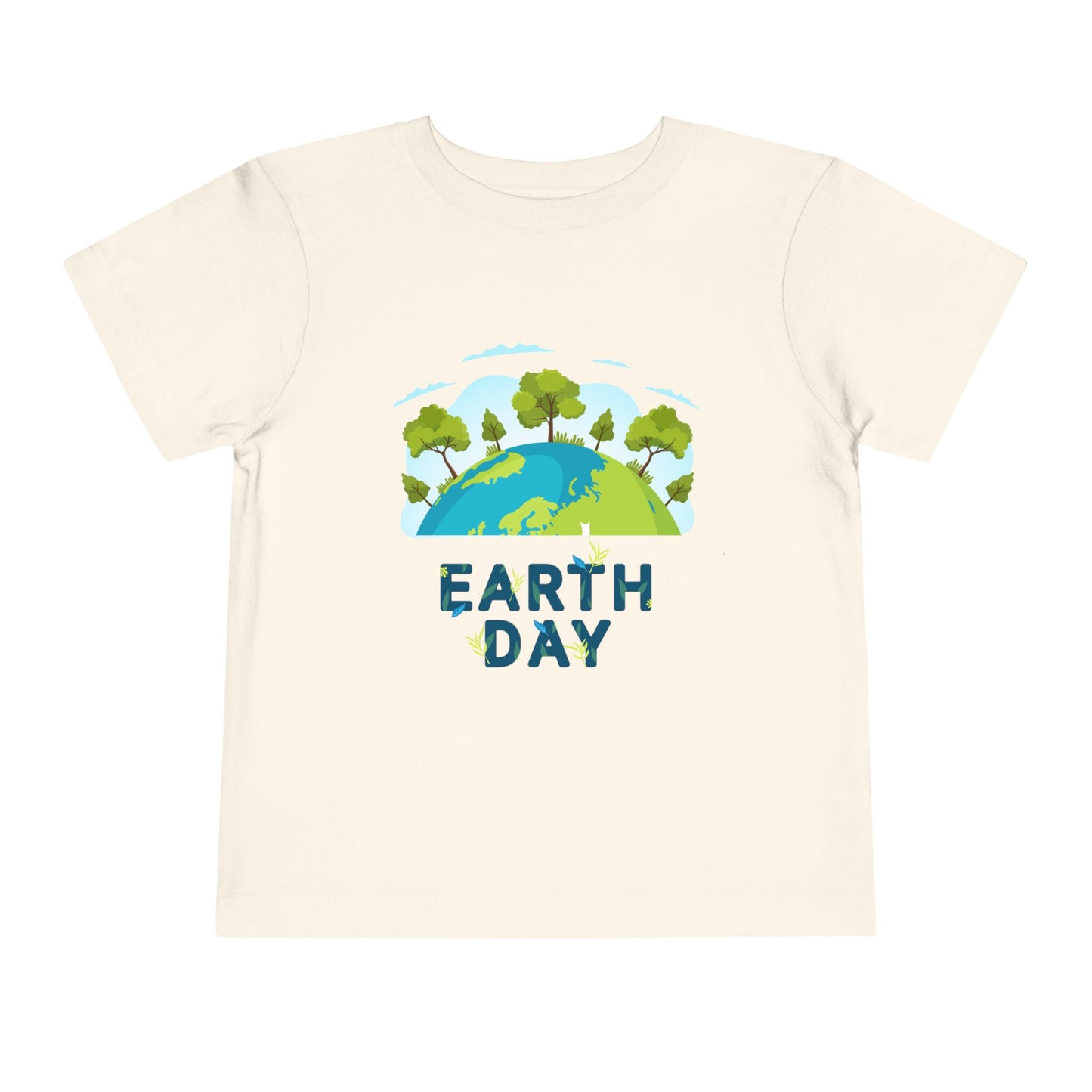 Soft cotton toddler tee with green tree-topped globe and Earth Day lettering. Perfect for eco-friendly kids and Earth Day celebrations. Sizes 2T-5T. Natural