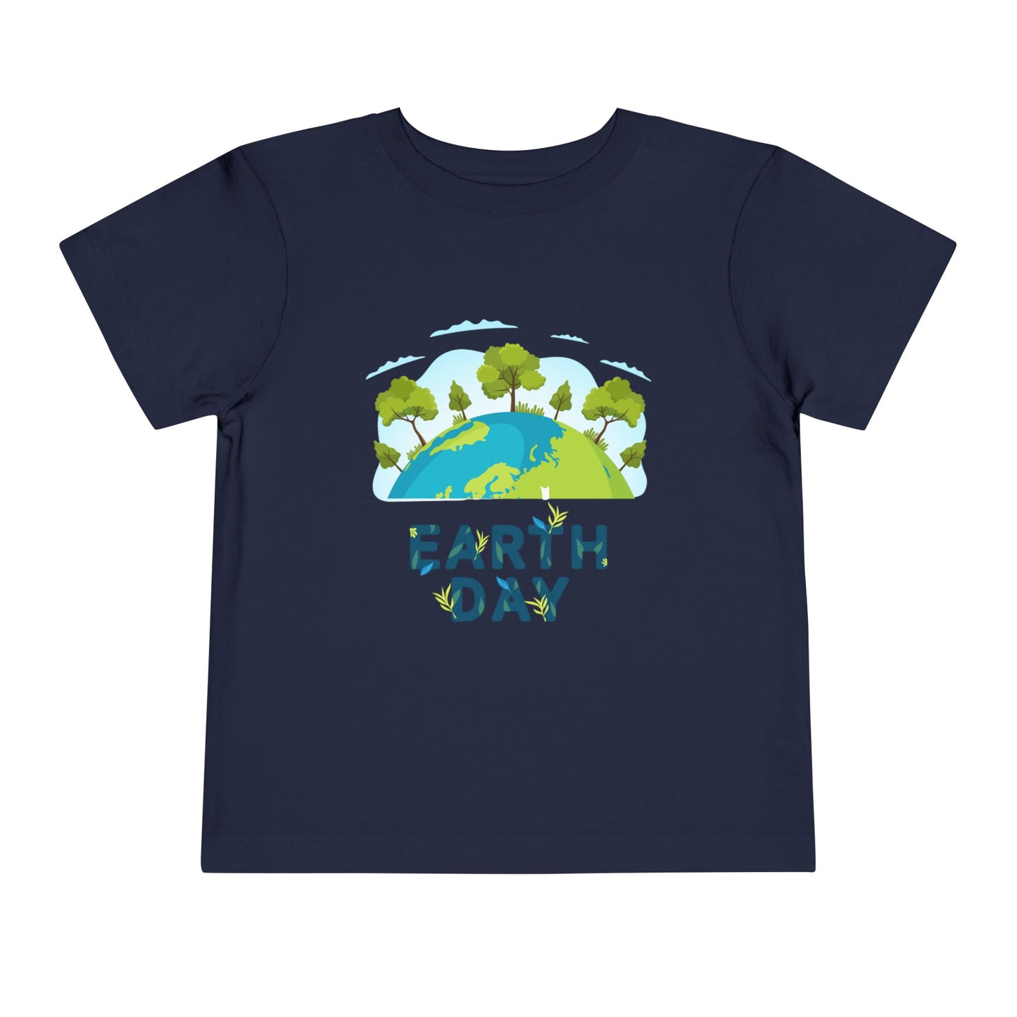 Soft cotton toddler tee with green tree-topped globe and Earth Day lettering. Perfect for eco-friendly kids and Earth Day celebrations. Sizes 2T-5T. Navy