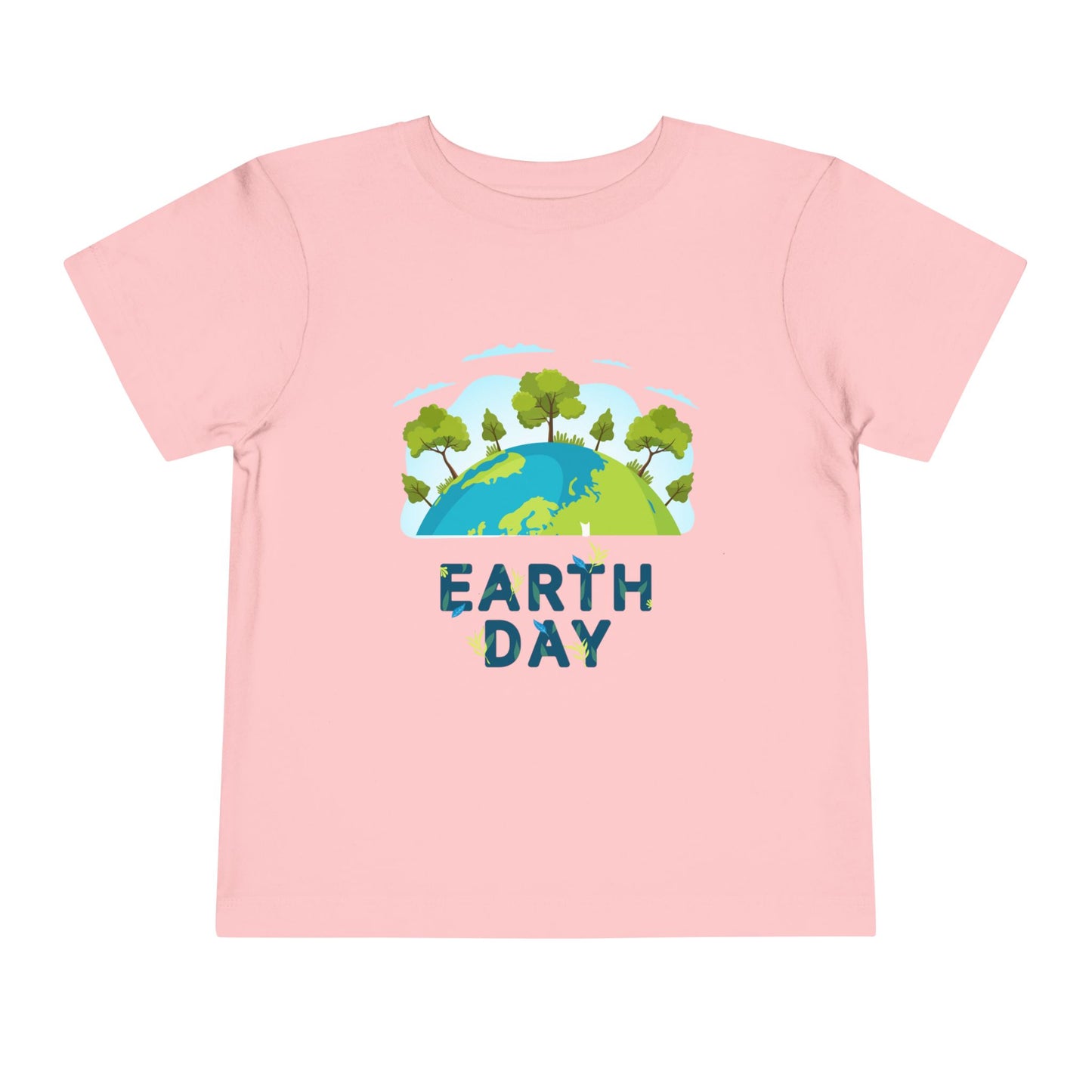 Soft cotton toddler tee with green tree-topped globe and Earth Day lettering. Perfect for eco-friendly kids and Earth Day celebrations. Sizes 2T-5T. Pink