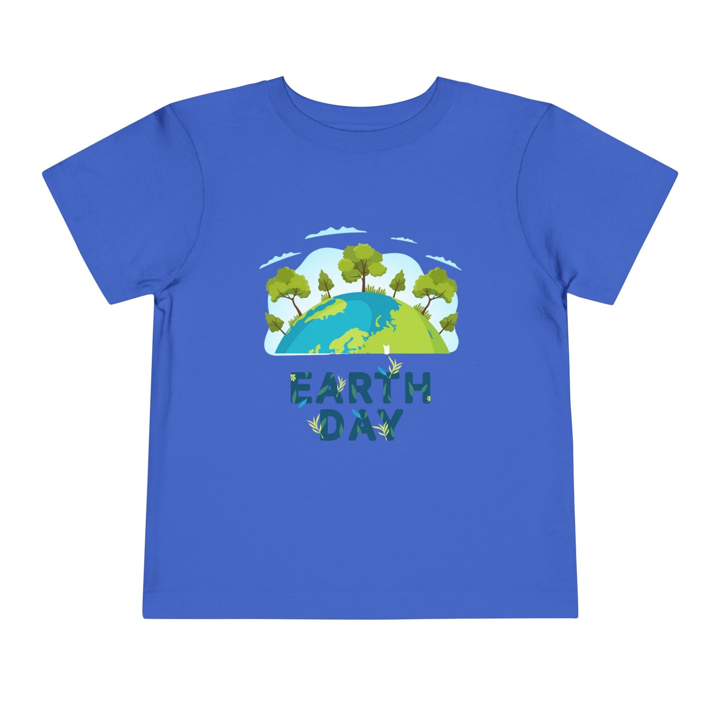 Soft cotton toddler tee with green tree-topped globe and Earth Day lettering. Perfect for eco-friendly kids and Earth Day celebrations. Sizes 2T-5T. True Royal