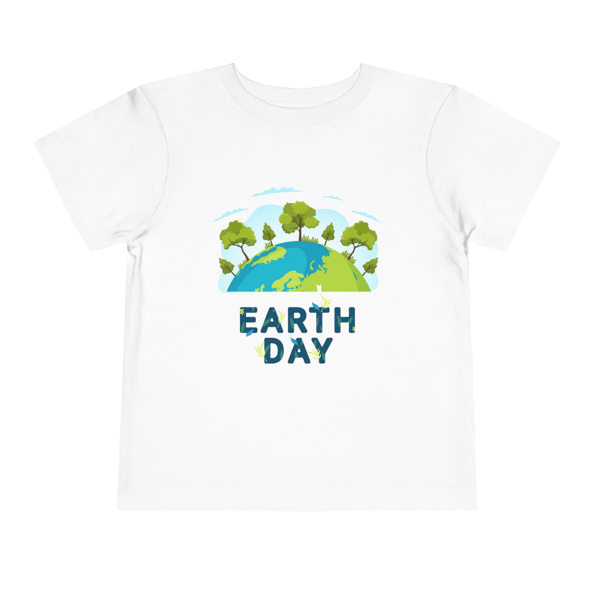 Soft cotton toddler tee with green tree-topped globe and Earth Day lettering. Perfect for eco-friendly kids and Earth Day celebrations. Sizes 2T-5T. White 