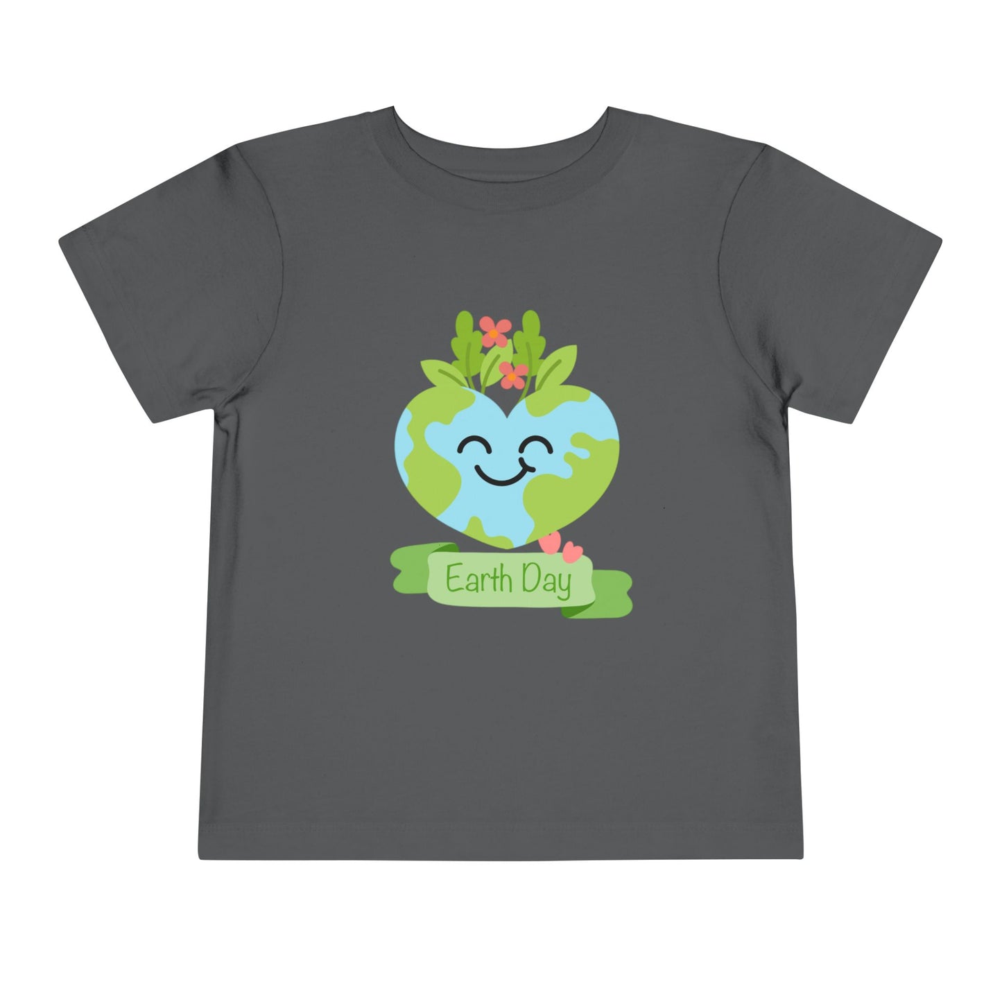 Soft cotton toddler tee with smiling planet crowned with leaves and flowers. Perfect for Earth Day celebrations and eco-friendly kids. Sizes 2T-5T. Asphalt