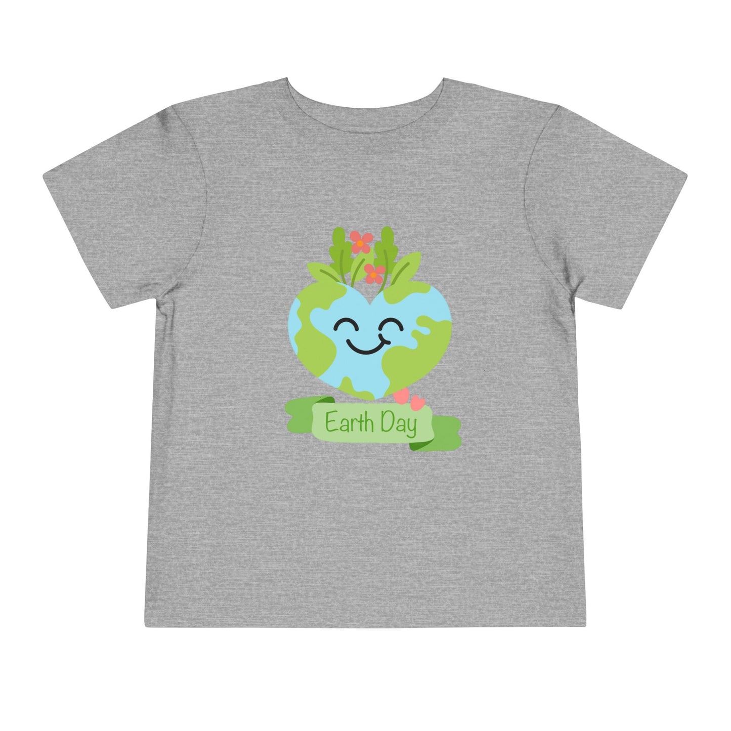 Soft cotton toddler tee with smiling planet crowned with leaves and flowers. Perfect for Earth Day celebrations and eco-friendly kids. Sizes 2T-5T. Athletic Heather