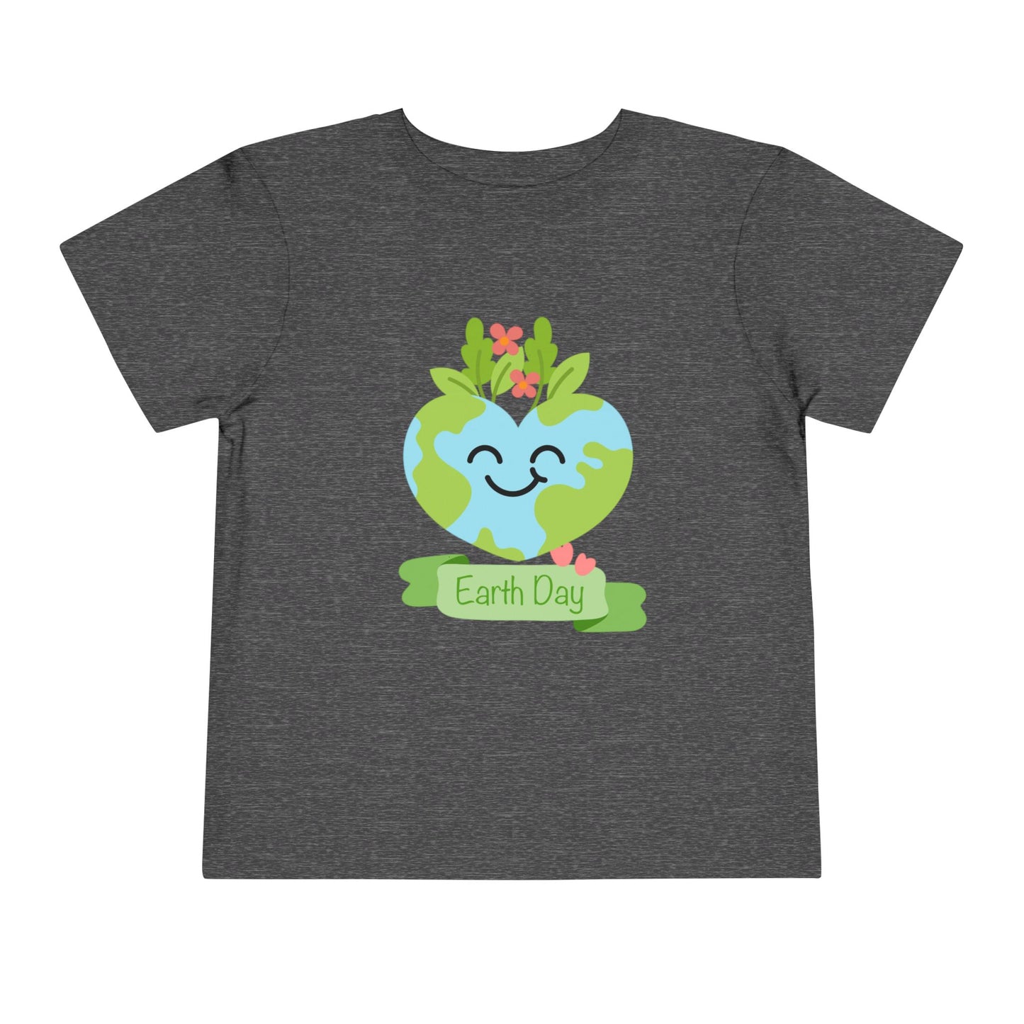 Soft cotton toddler tee with smiling planet crowned with leaves and flowers. Perfect for Earth Day celebrations and eco-friendly kids. Sizes 2T-5T. Dark Heather Grey