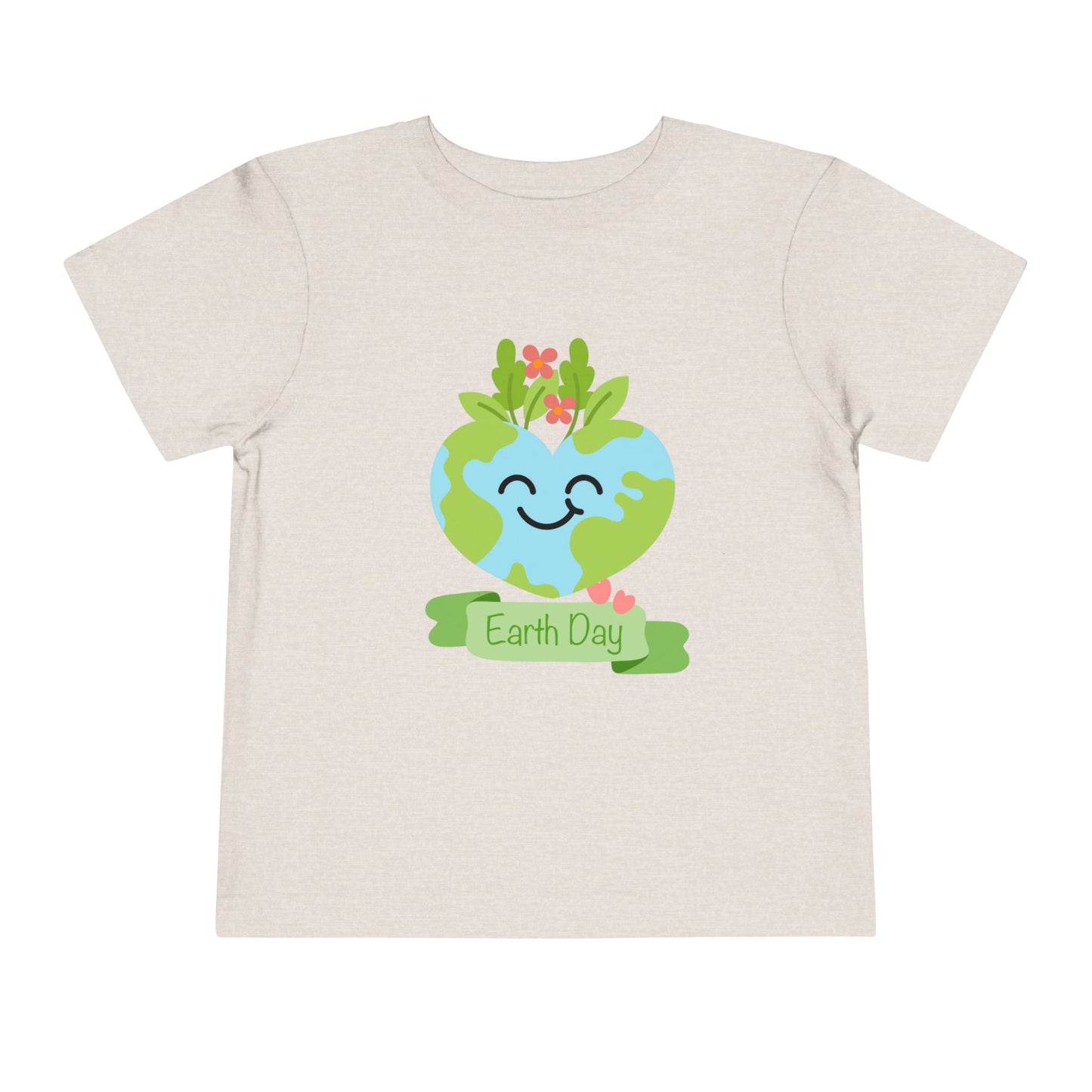 Soft cotton toddler tee with smiling planet crowned with leaves and flowers. Perfect for Earth Day celebrations and eco-friendly kids. Sizes 2T-5T. Heather Dust