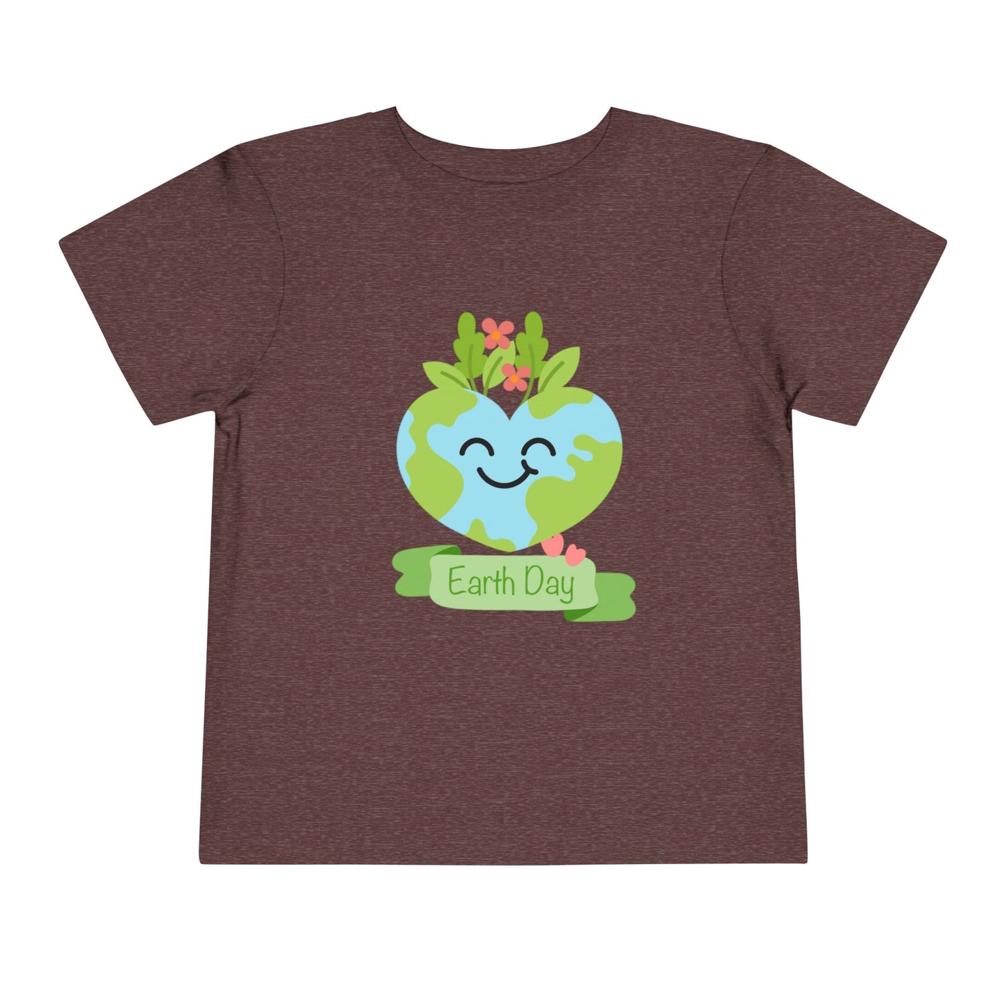 Soft cotton toddler tee with smiling planet crowned with leaves and flowers. Perfect for Earth Day celebrations and eco-friendly kids. Sizes 2T-5T. Heather Maroon