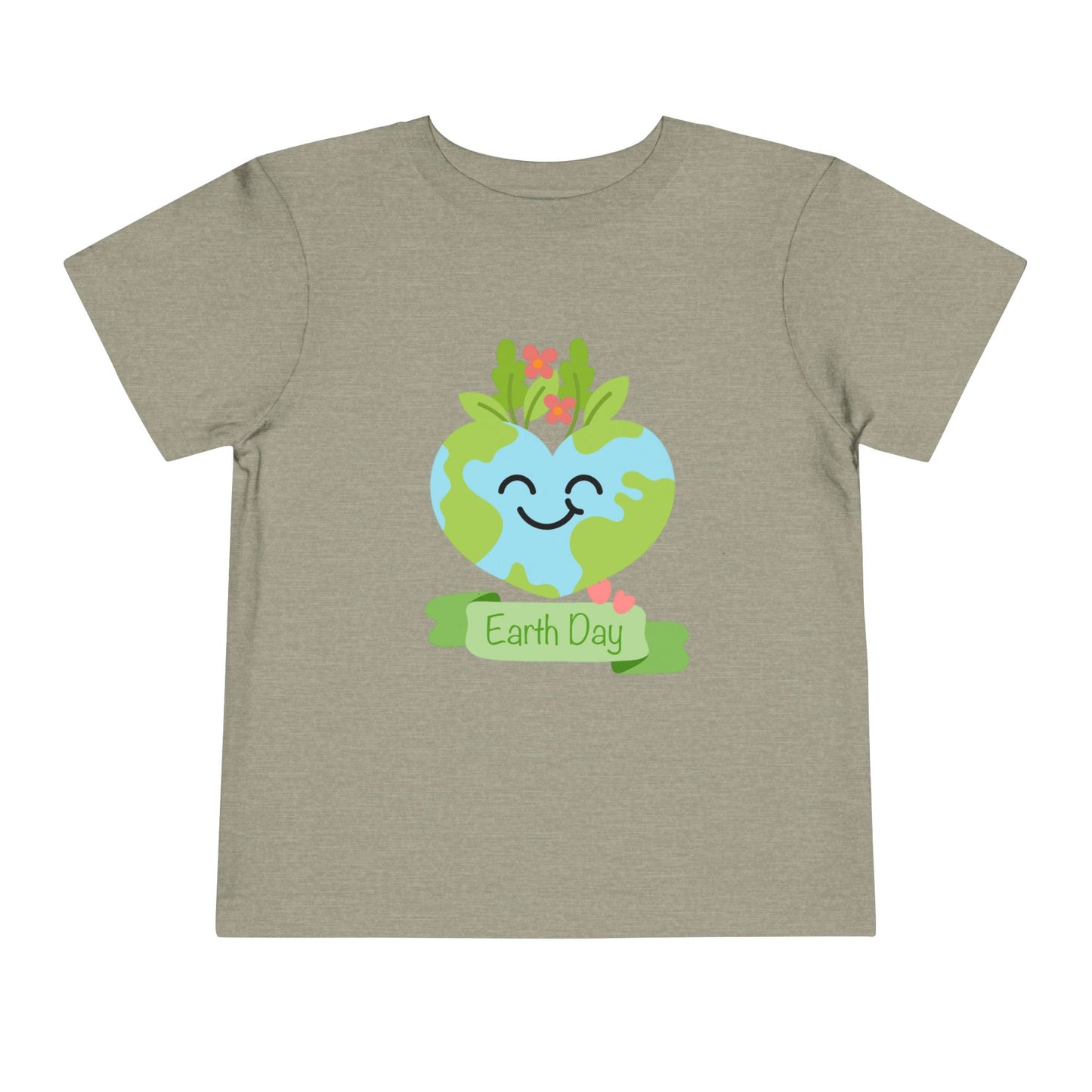 Soft cotton toddler tee with smiling planet crowned with leaves and flowers. Perfect for Earth Day celebrations and eco-friendly kids. Sizes 2T-5T. Heather Stone