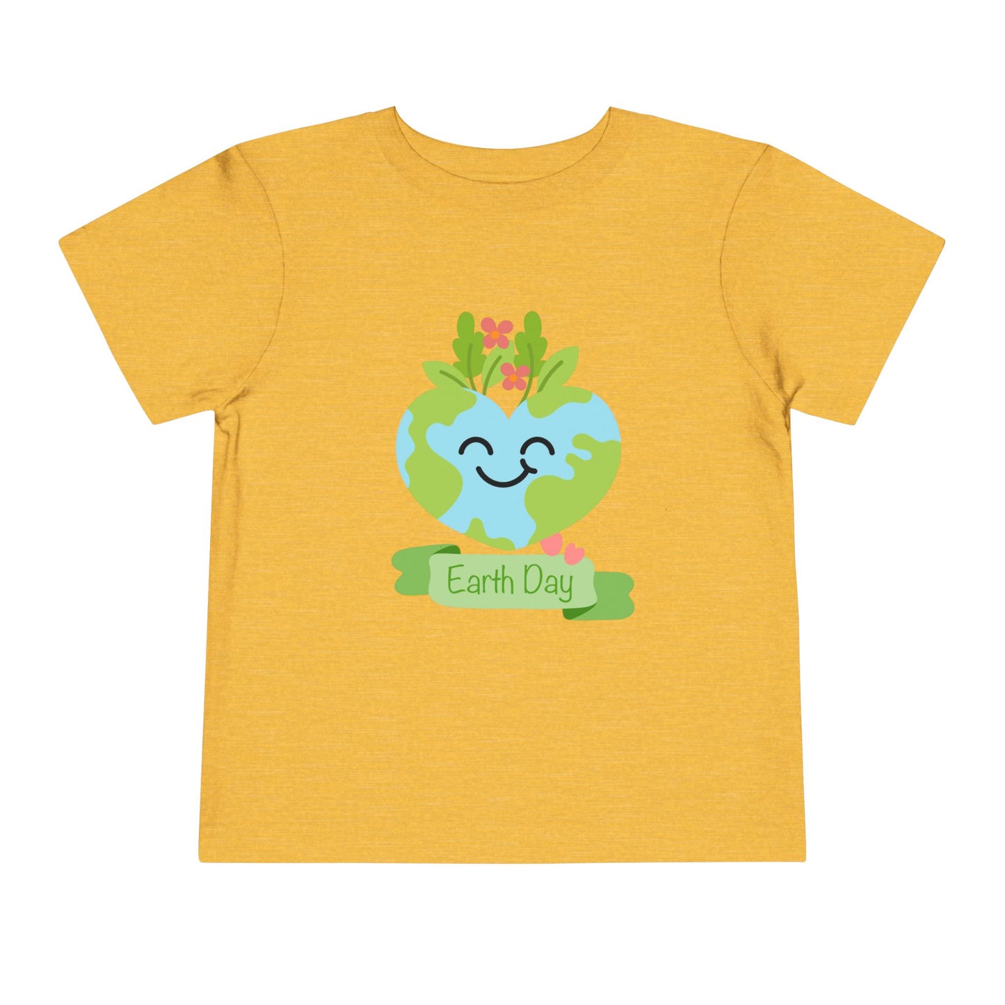 Soft cotton toddler tee with smiling planet crowned with leaves and flowers. Perfect for Earth Day celebrations and eco-friendly kids. Sizes 2T-5T. Heather Yellow Gold