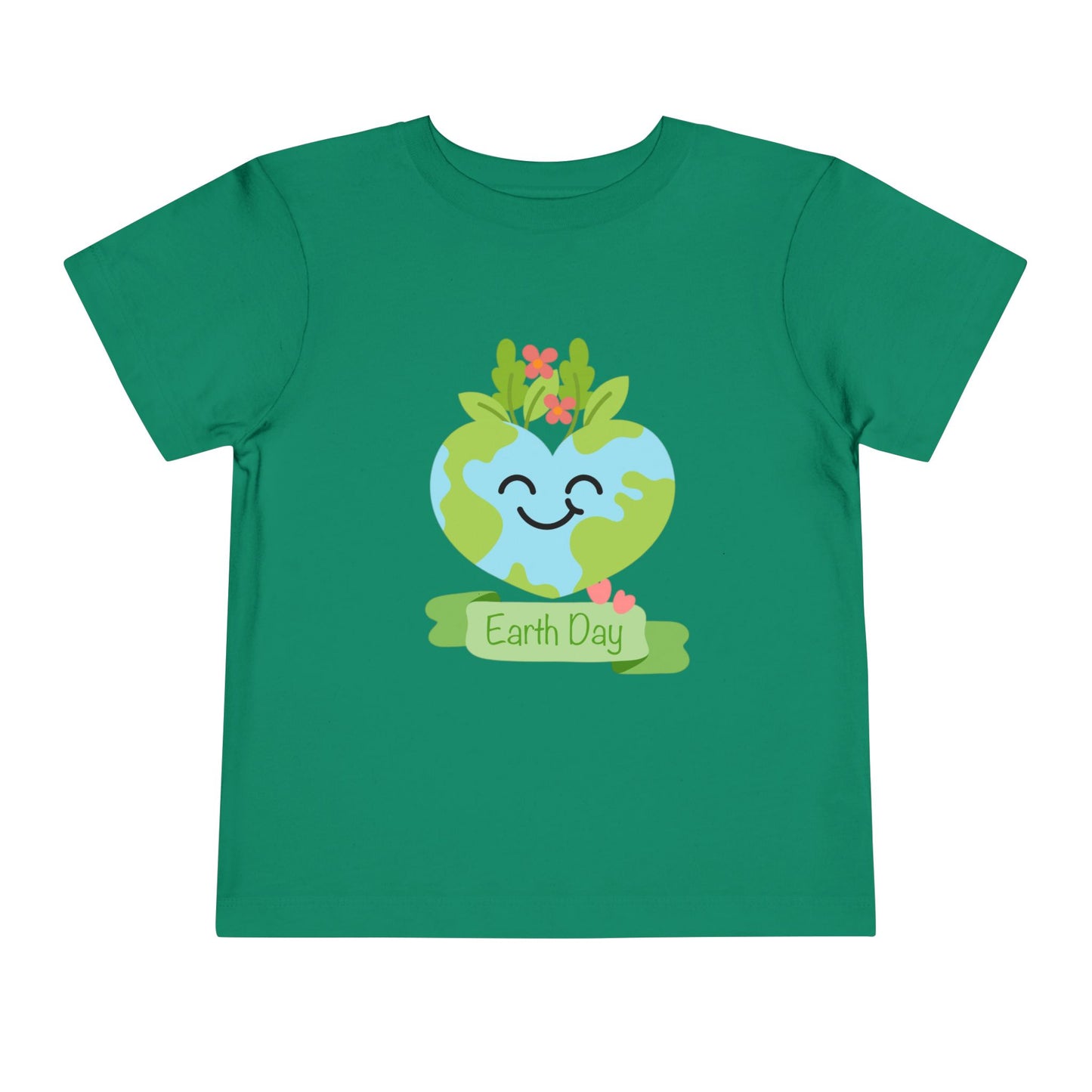 Soft cotton toddler tee with smiling planet crowned with leaves and flowers. Perfect for Earth Day celebrations and eco-friendly kids. Sizes 2T-5T. Kelly Green