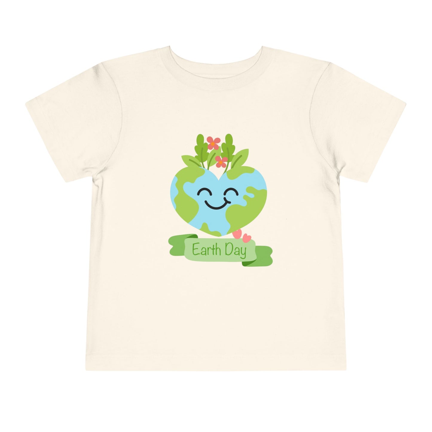 Soft cotton toddler tee with smiling planet crowned with leaves and flowers. Perfect for Earth Day celebrations and eco-friendly kids. Sizes 2T-5T. Natural