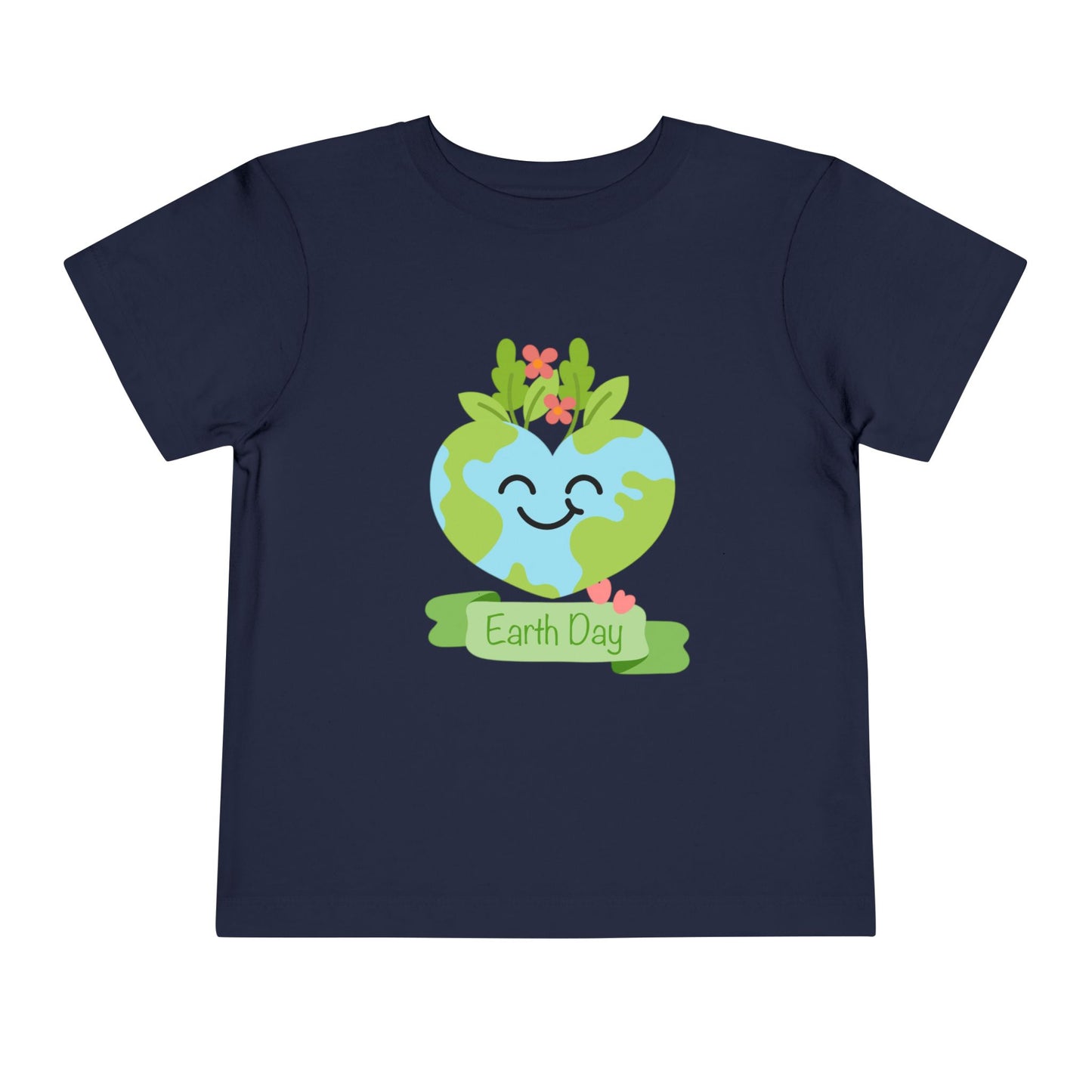Soft cotton toddler tee with smiling planet crowned with leaves and flowers. Perfect for Earth Day celebrations and eco-friendly kids. Sizes 2T-5T. Navy