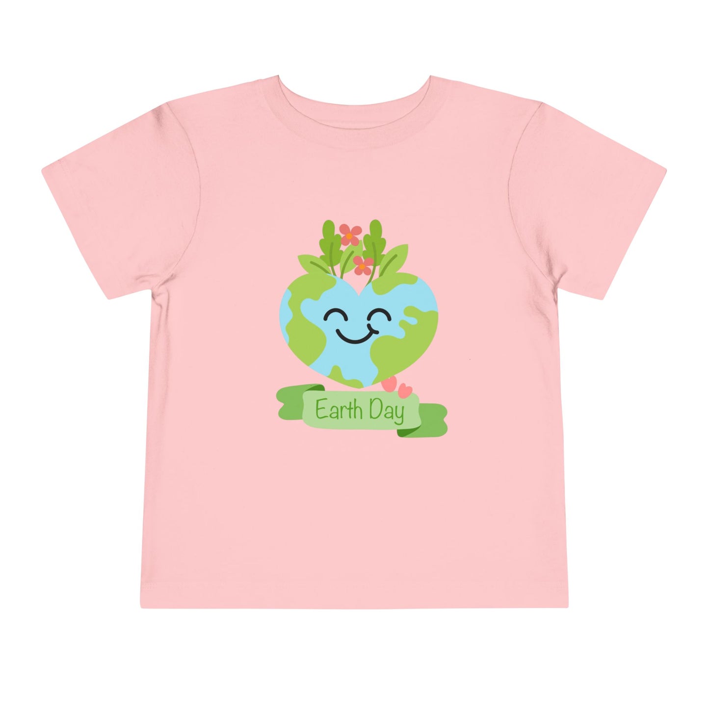 Soft cotton toddler tee with smiling planet crowned with leaves and flowers. Perfect for Earth Day celebrations and eco-friendly kids. Sizes 2T-5T. Pink