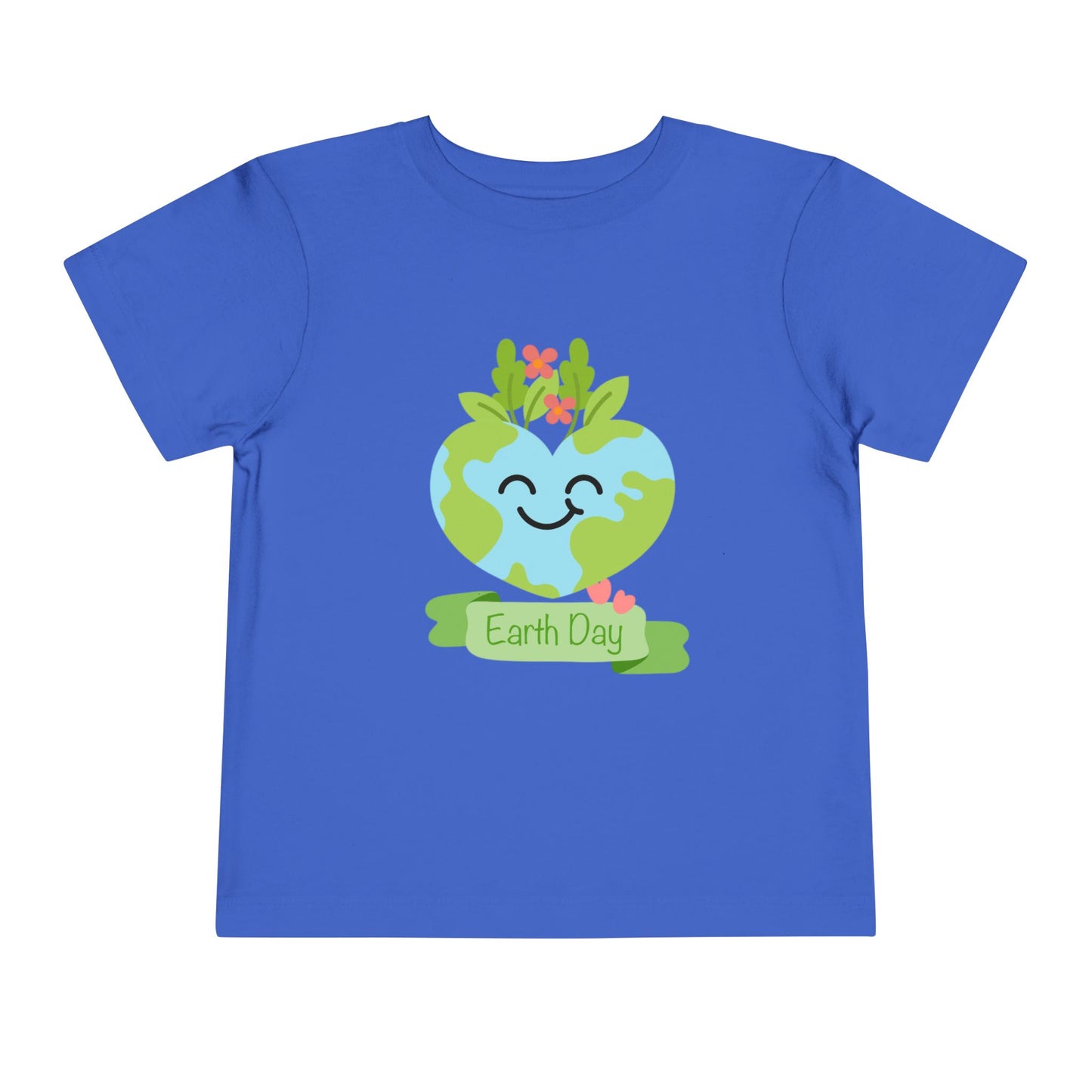 Soft cotton toddler tee with smiling planet crowned with leaves and flowers. Perfect for Earth Day celebrations and eco-friendly kids. Sizes 2T-5T. True Royal