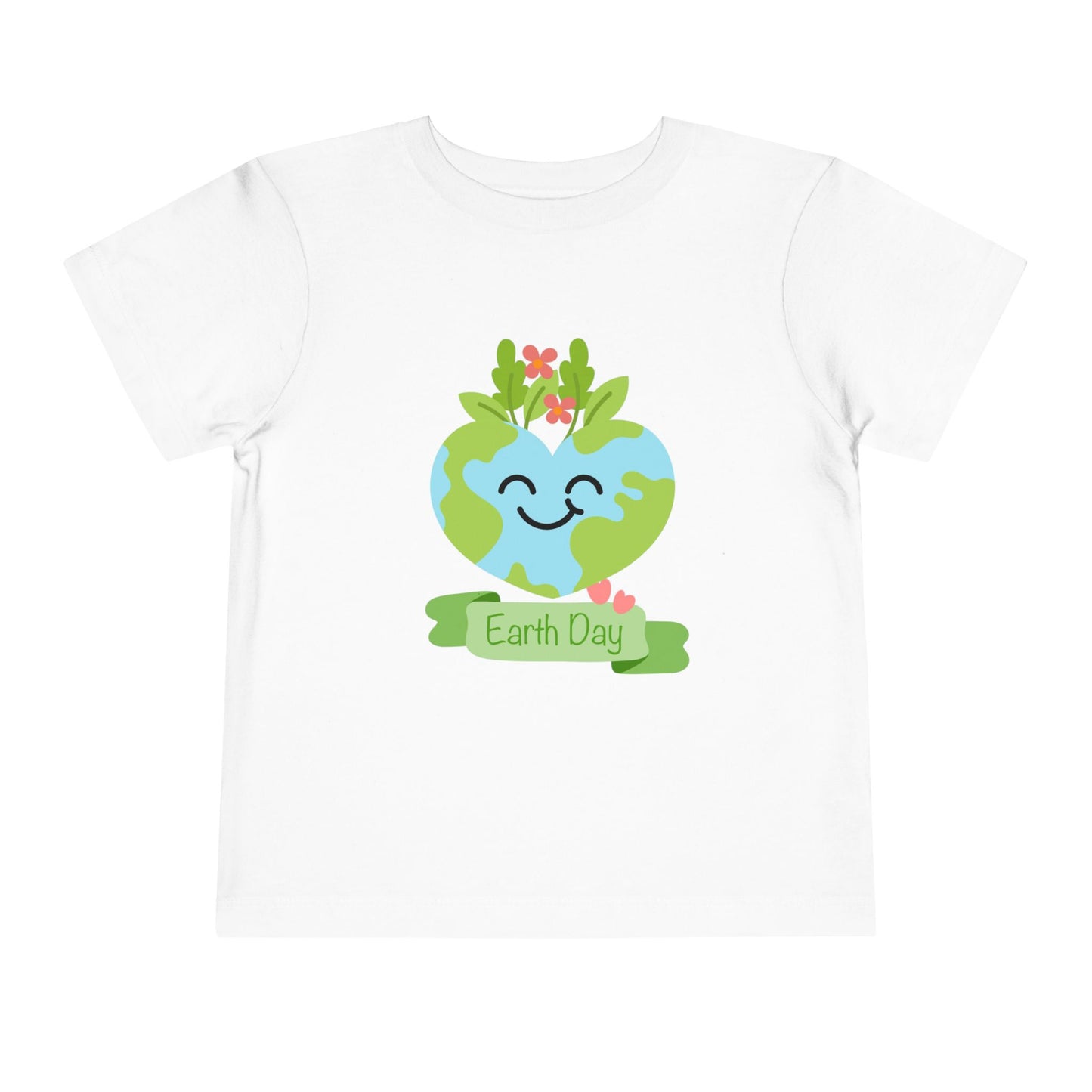Soft cotton toddler tee with smiling planet crowned with leaves and flowers. Perfect for Earth Day celebrations and eco-friendly kids. Sizes 2T-5T. White