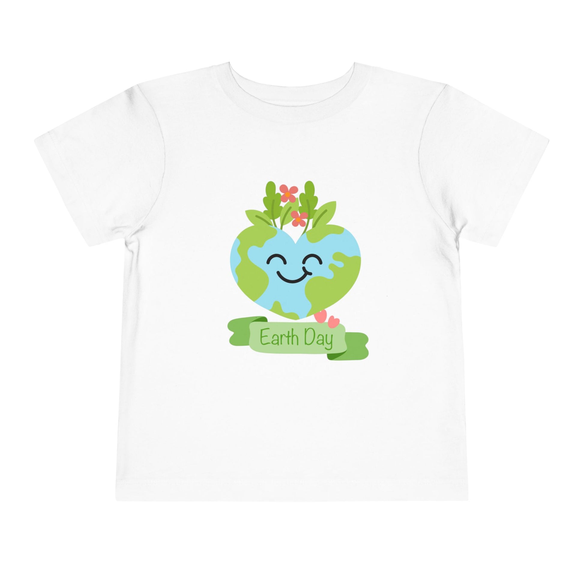 Soft cotton toddler tee with smiling planet crowned with leaves and flowers. Perfect for Earth Day celebrations and eco-friendly kids. Sizes 2T-5T. White