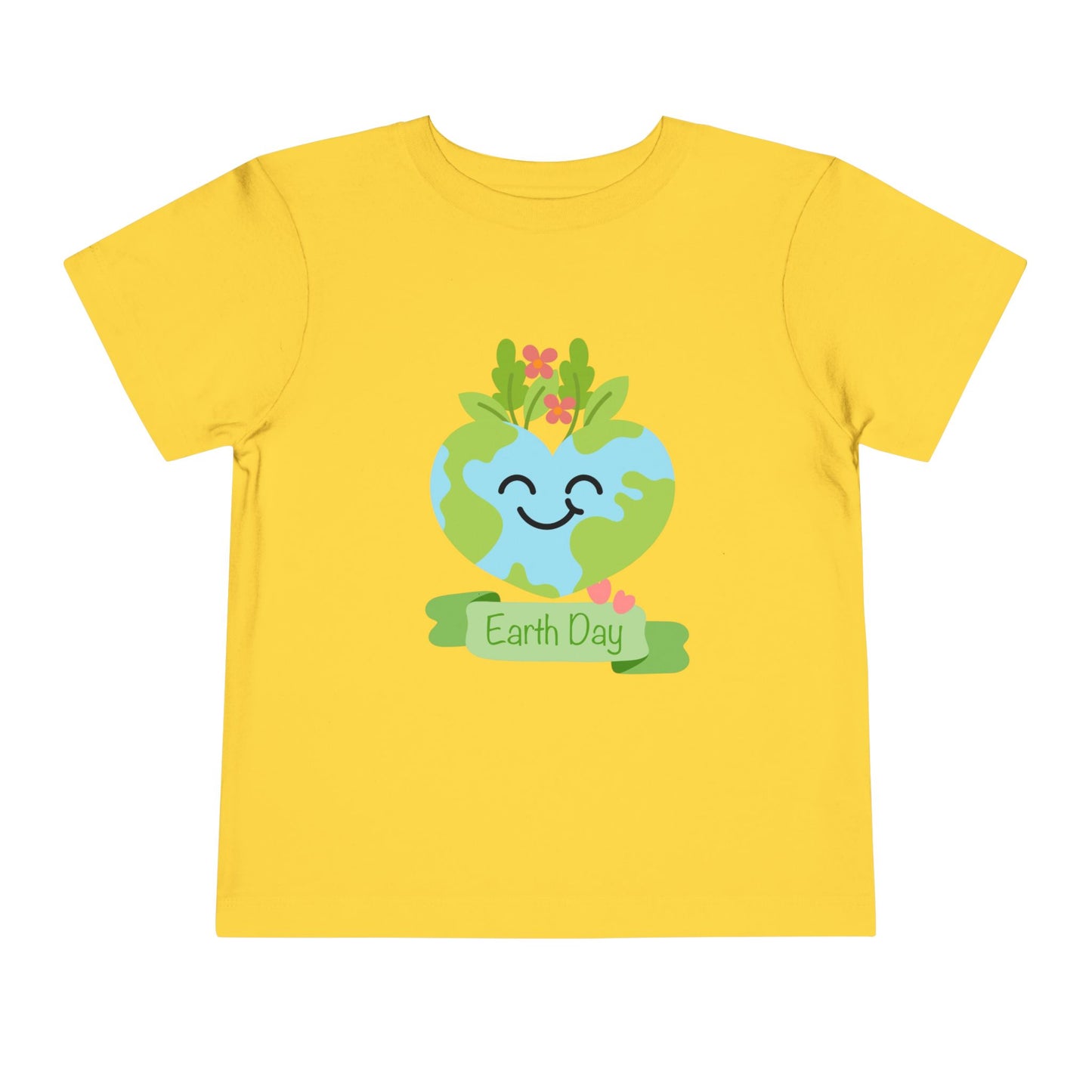 Soft cotton toddler tee with smiling planet crowned with leaves and flowers. Perfect for Earth Day celebrations and eco-friendly kids. Sizes 2T-5T. Yellow