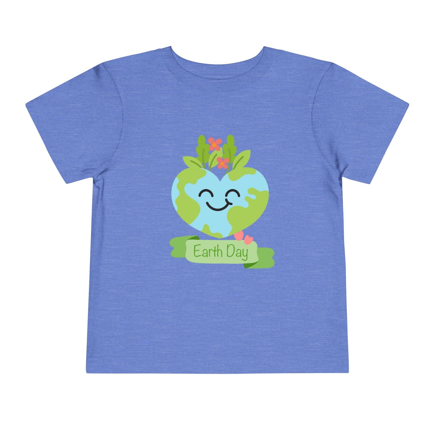 Soft cotton toddler tee with smiling planet crowned with leaves and flowers. Perfect for Earth Day celebrations and eco-friendly kids. Sizes 2T-5T. Heather Columbia Blue