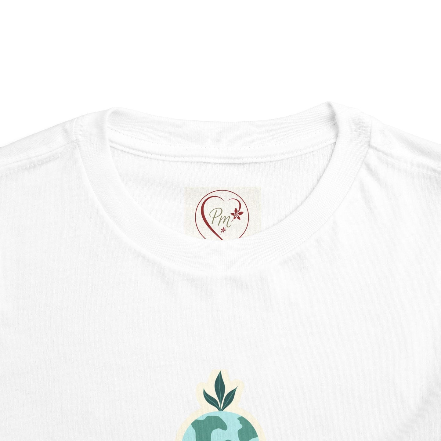 White t-shirt with a PM Creations 25 logo on the neckline area