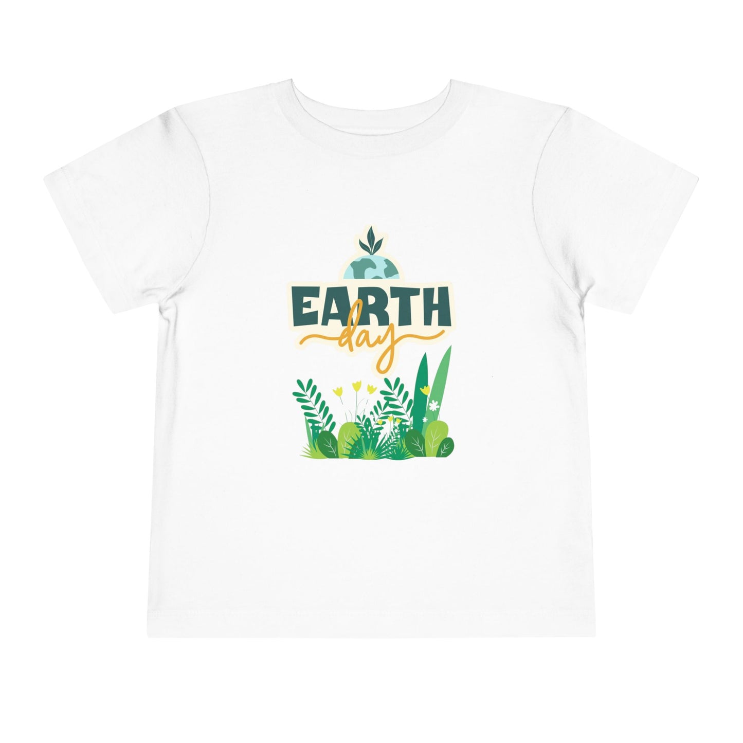 Soft cotton toddler tee with Earth Day lettering and leafy green plant design. Perfect for eco-friendly kids and Earth Day celebrations. Sizes 2T-5T.
White