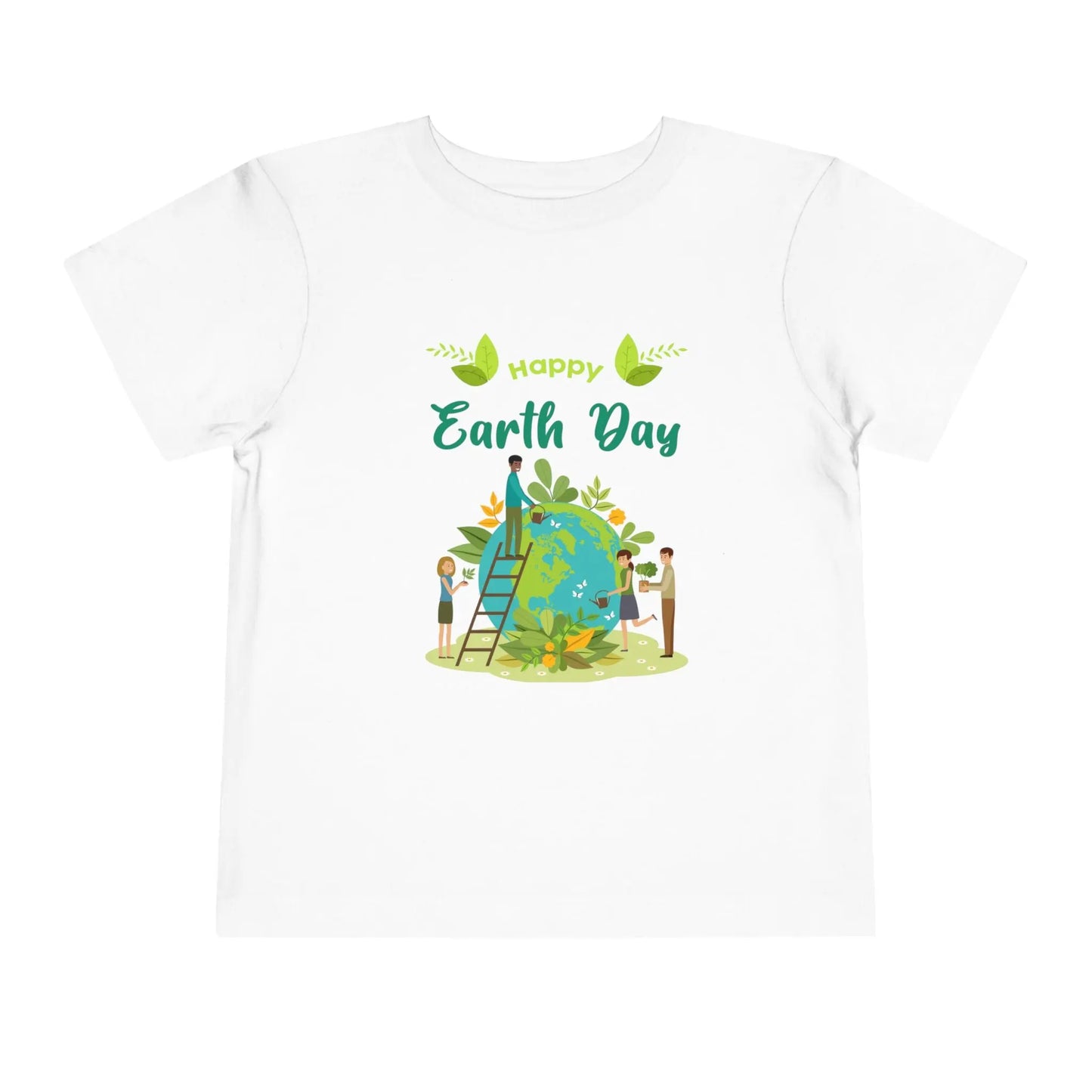 Soft cotton toddler tee with Happy Earth Day message and children tending globe design. Perfect for eco-friendly kids. Sizes 2T-5T.
White