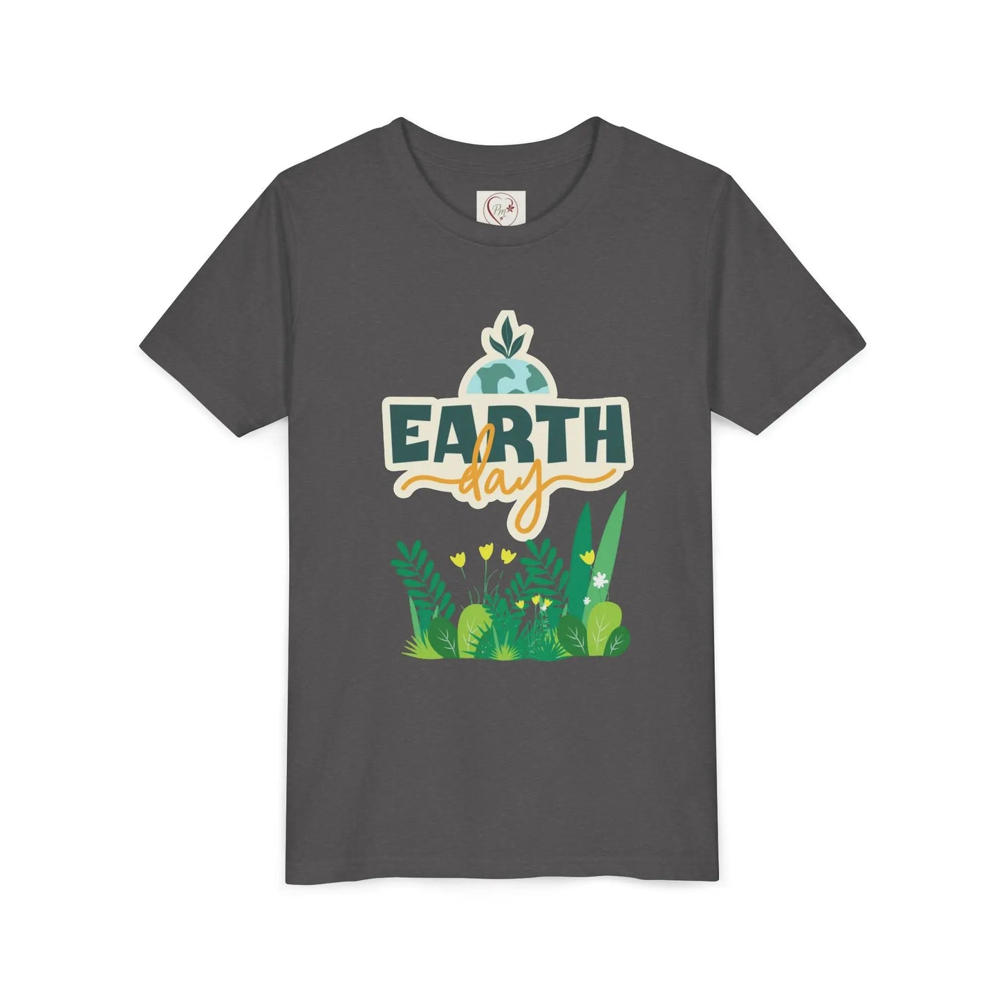 Soft cotton youth tee with Earth Day green foliage design. Perfect for eco-friendly kids and Earth Day celebrations. Sizes S-XL.
Dark Heather Grey