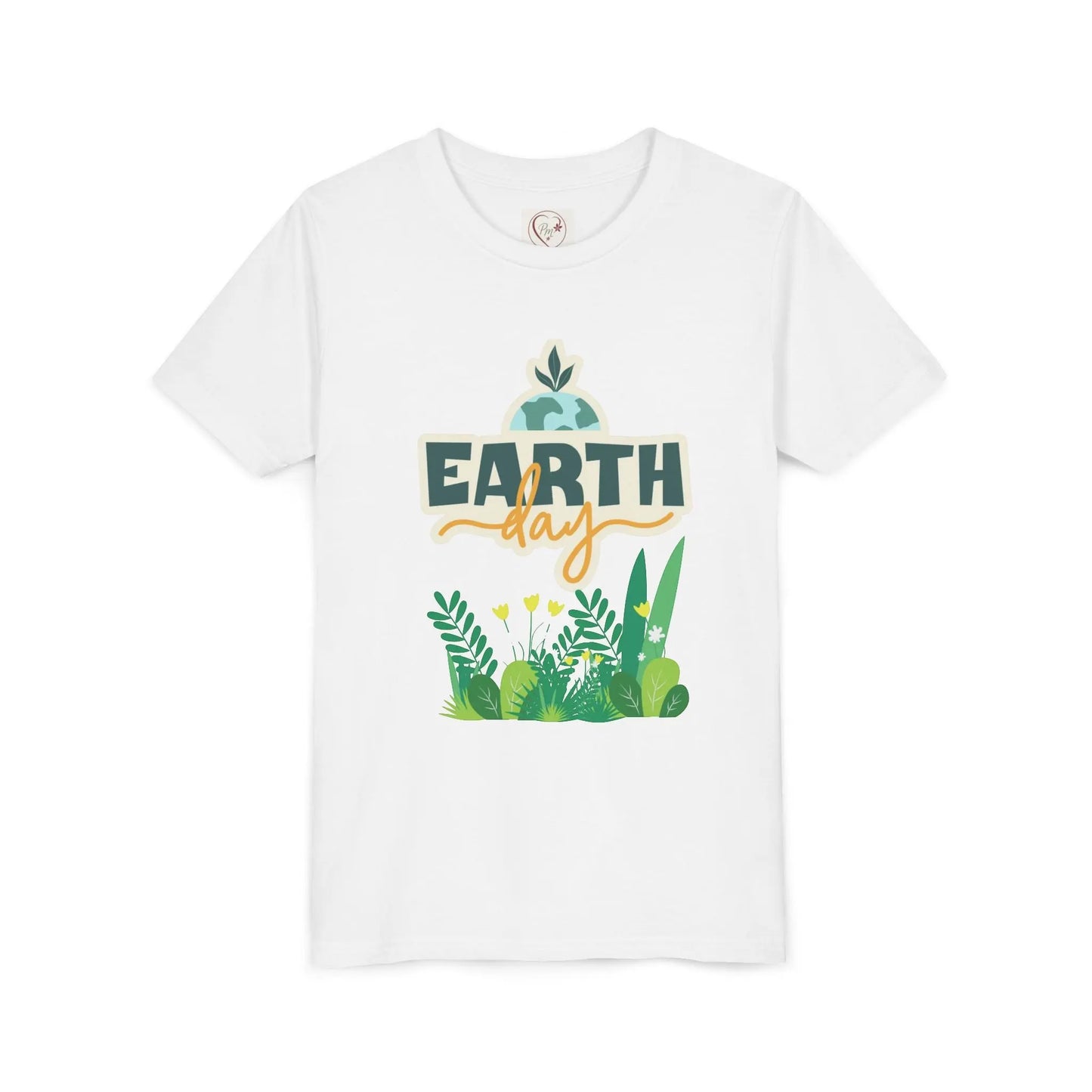 Soft cotton youth tee with Earth Day green foliage design. Perfect for eco-friendly kids and Earth Day celebrations. Sizes S-XL.
White