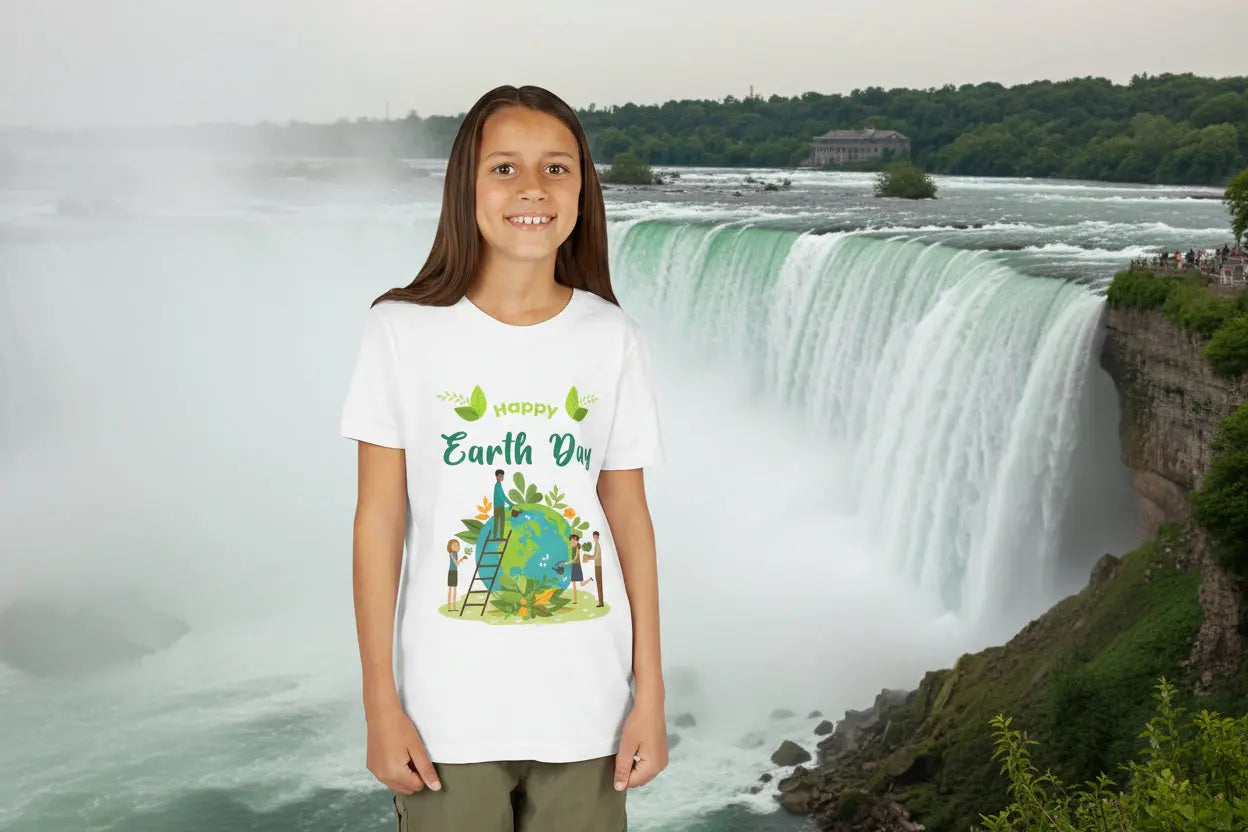 Youth wearing Happy Earth Day tee with kids tending leafy globe design
White