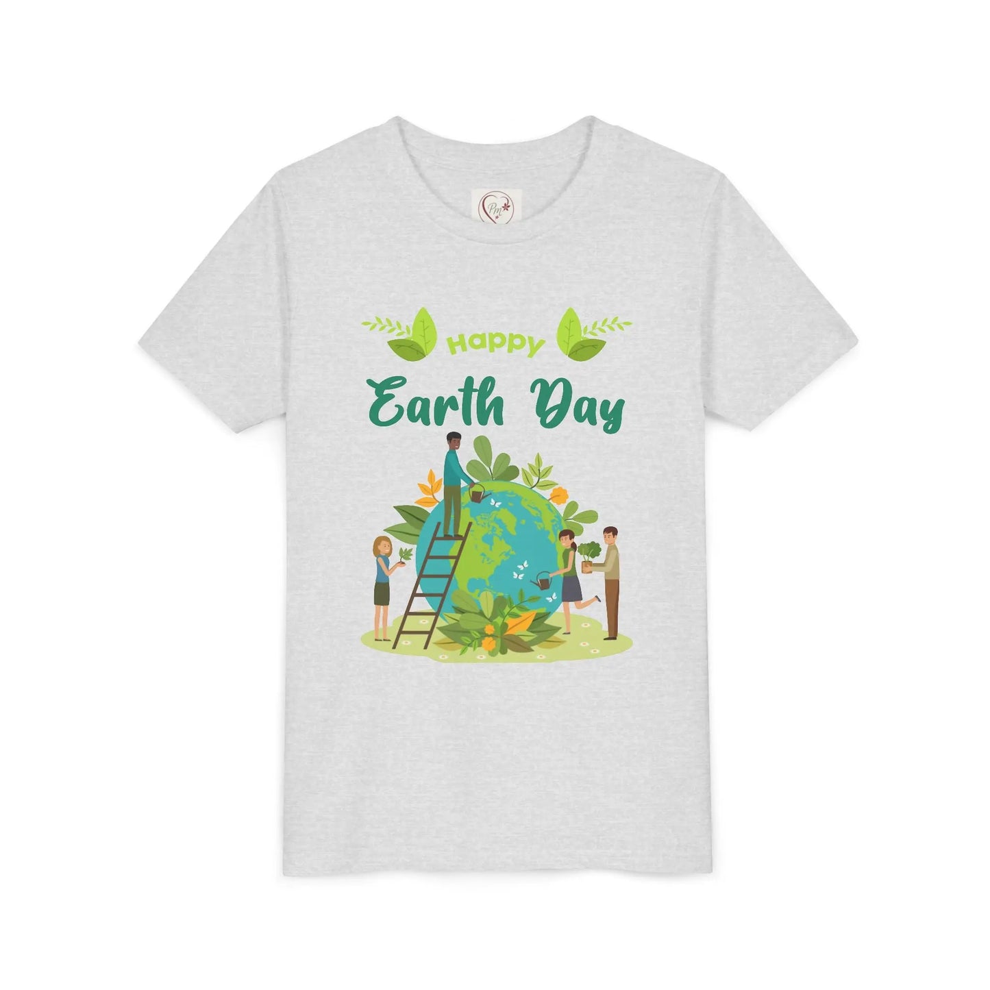 Soft cotton youth tee with kids tending leafy globe design. Perfect for Earth Day celebrations and eco-friendly kids. Sizes S-XL. Ash