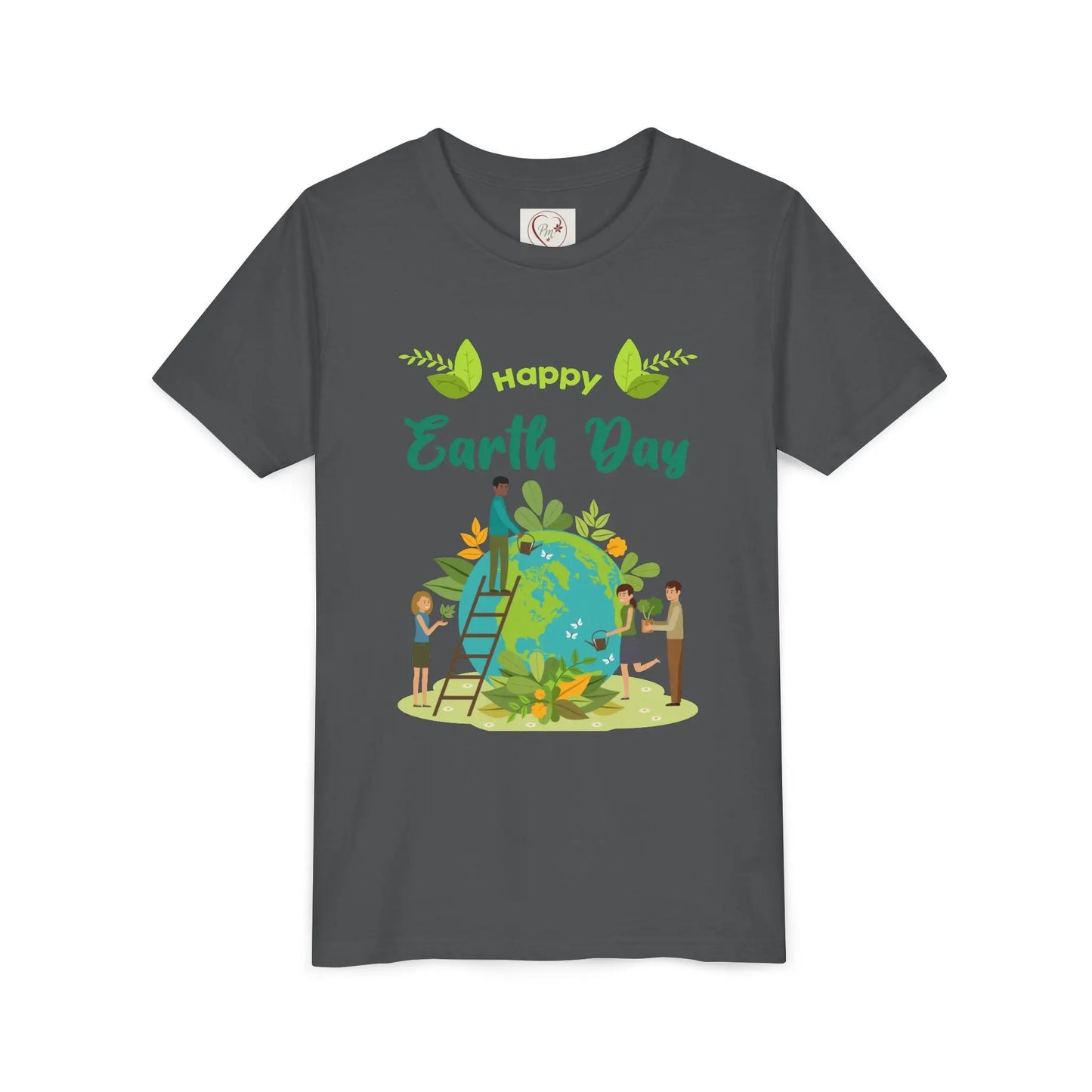 Soft cotton youth tee with kids tending leafy globe design. Perfect for Earth Day celebrations and eco-friendly kids. Sizes S-XL. Asphalt