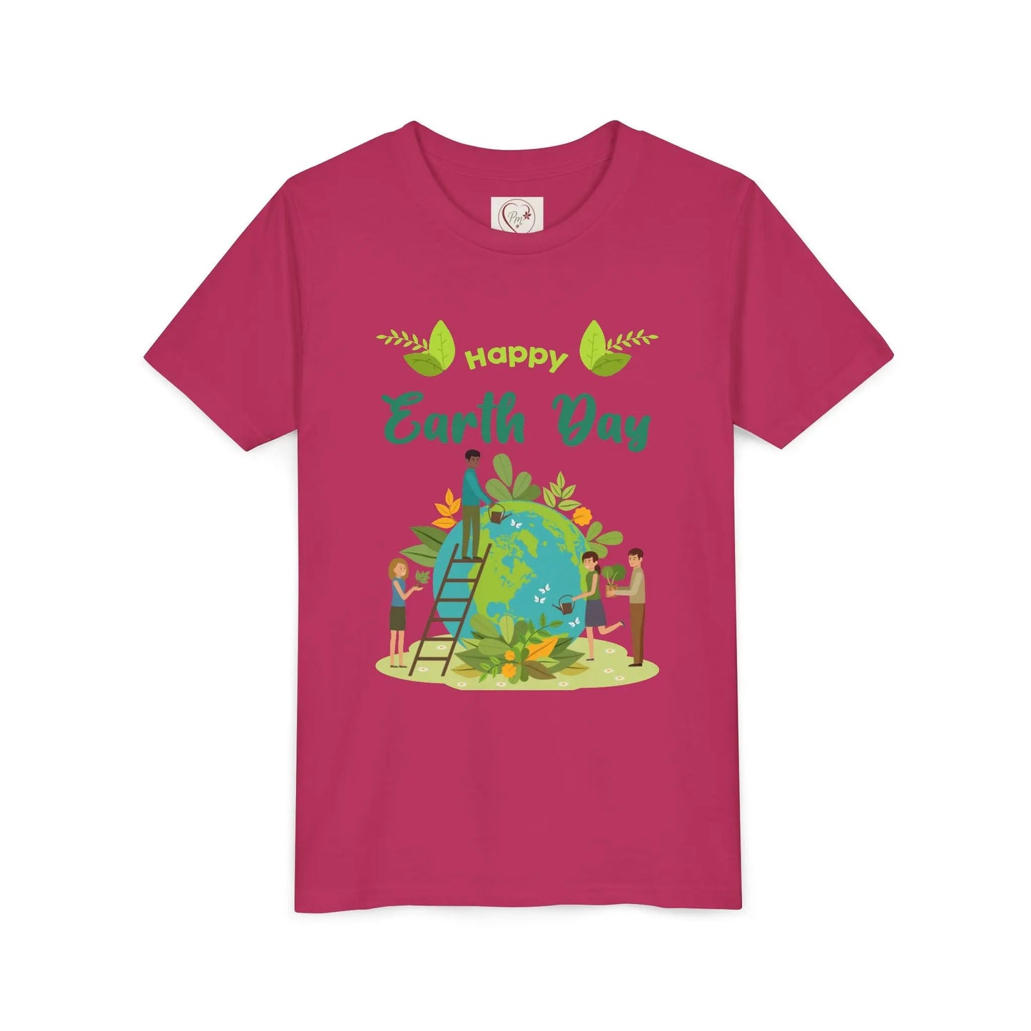 Soft cotton youth tee with kids tending leafy globe design. Perfect for Earth Day celebrations and eco-friendly kids. Sizes S-XL. Berry 