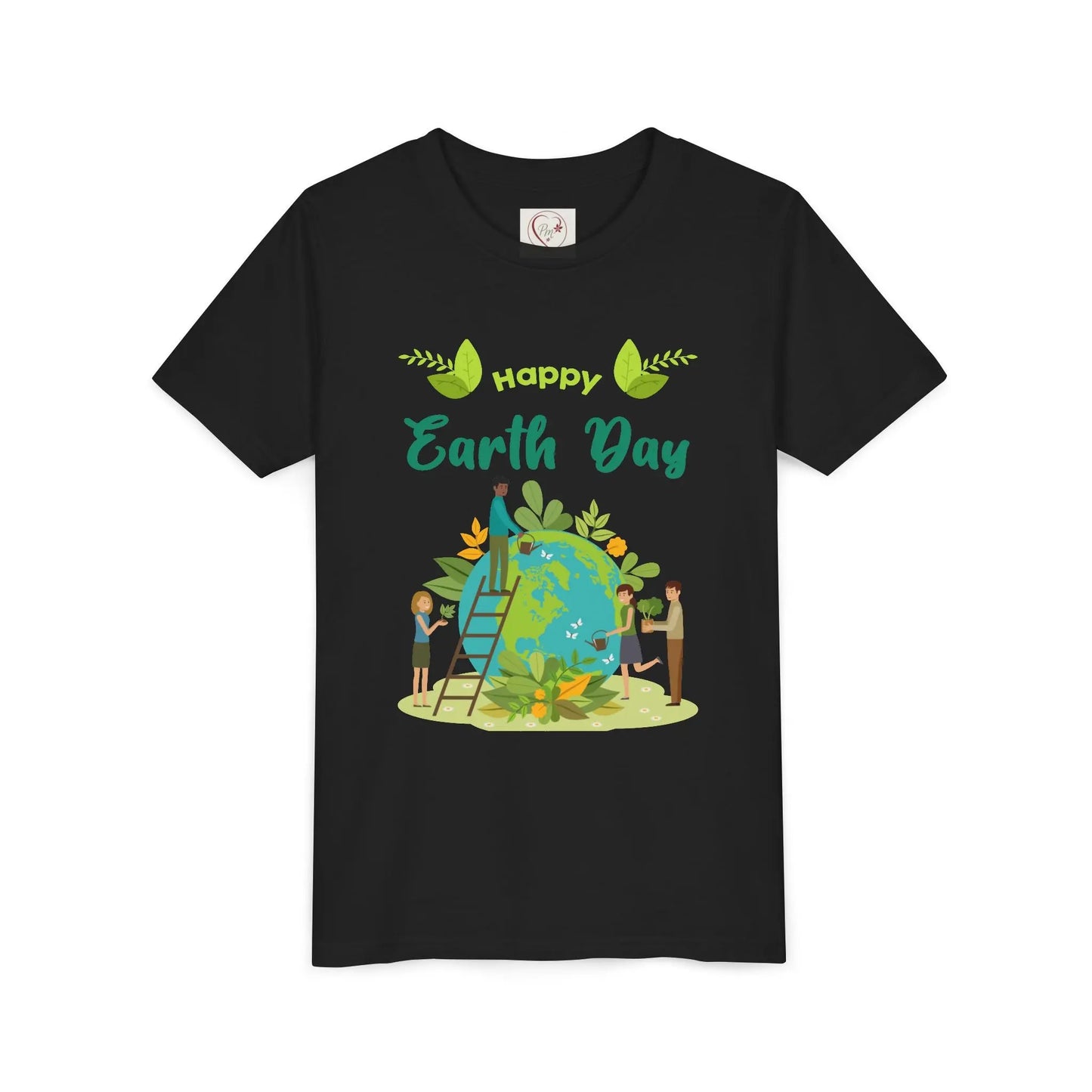Soft cotton youth tee with kids tending leafy globe design. Perfect for Earth Day celebrations and eco-friendly kids. Sizes S-XL. Black
