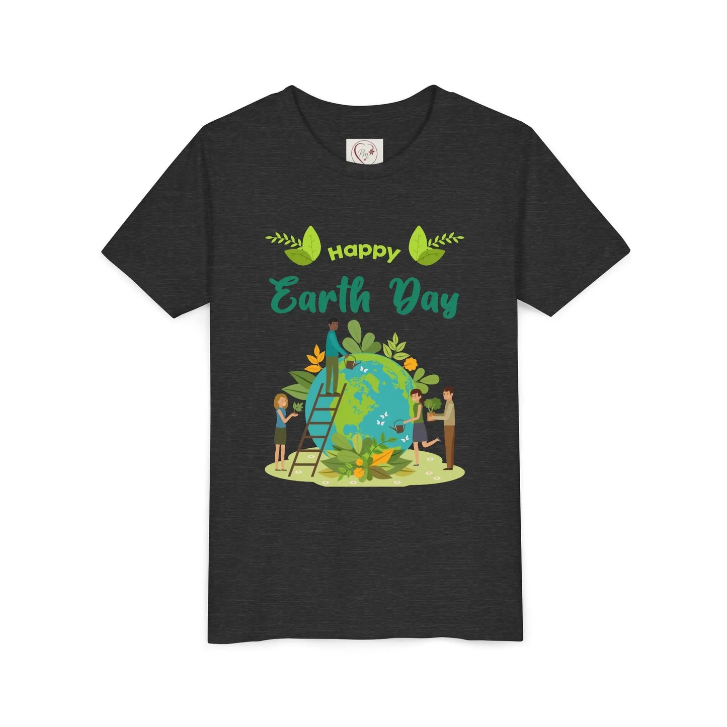 Soft cotton youth tee with kids tending leafy globe design. Perfect for Earth Day celebrations and eco-friendly kids. Sizes S-XL. Dark Grey Heather