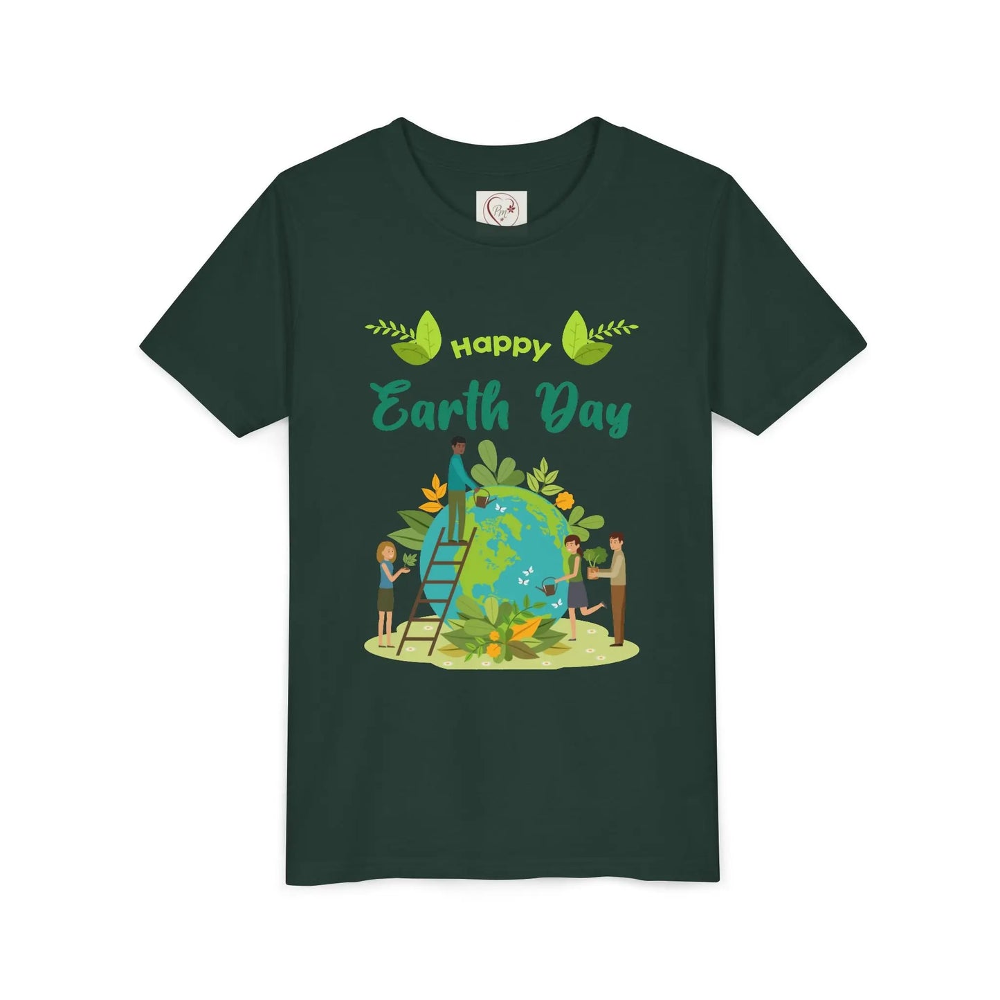 Soft cotton youth tee with kids tending leafy globe design. Perfect for Earth Day celebrations and eco-friendly kids. Sizes S-XL. Forest