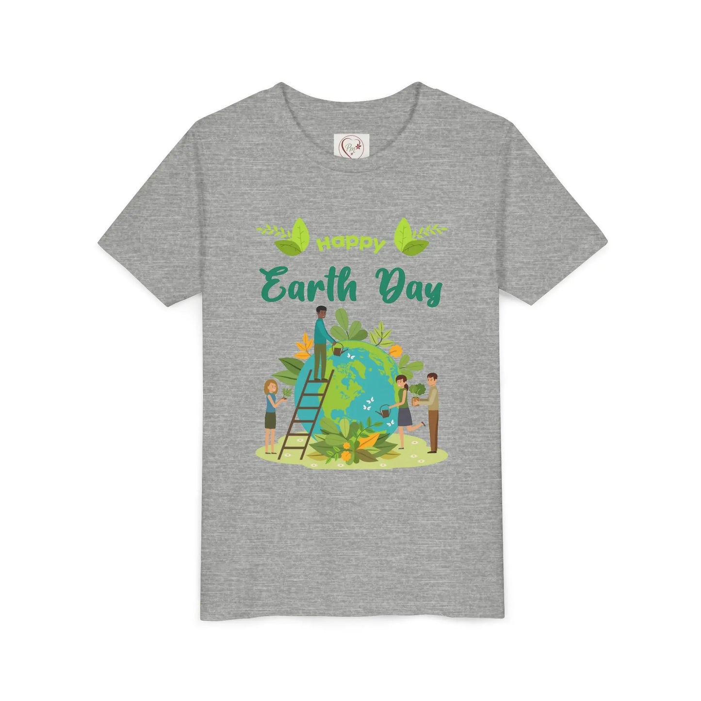 Soft cotton youth tee with kids tending leafy globe design. Perfect for Earth Day celebrations and eco-friendly kids. Sizes S-XL. Heather Grey