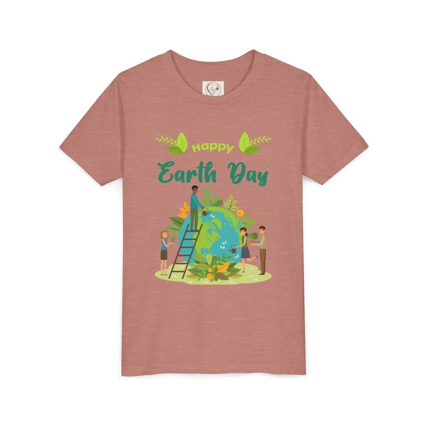 Soft cotton youth tee with kids tending leafy globe design. Perfect for Earth Day celebrations and eco-friendly kids. Sizes S-XL. Heather Mauve