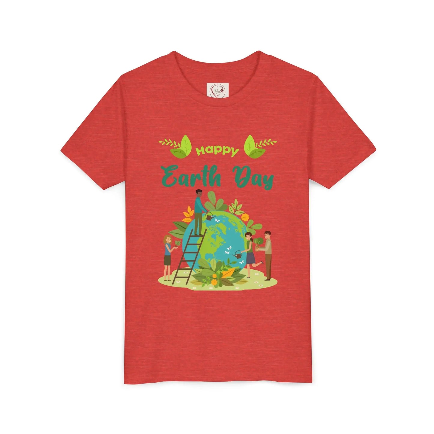 Soft cotton youth tee with kids tending leafy globe design. Perfect for Earth Day celebrations and eco-friendly kids. Sizes S-XL. Heather Red
