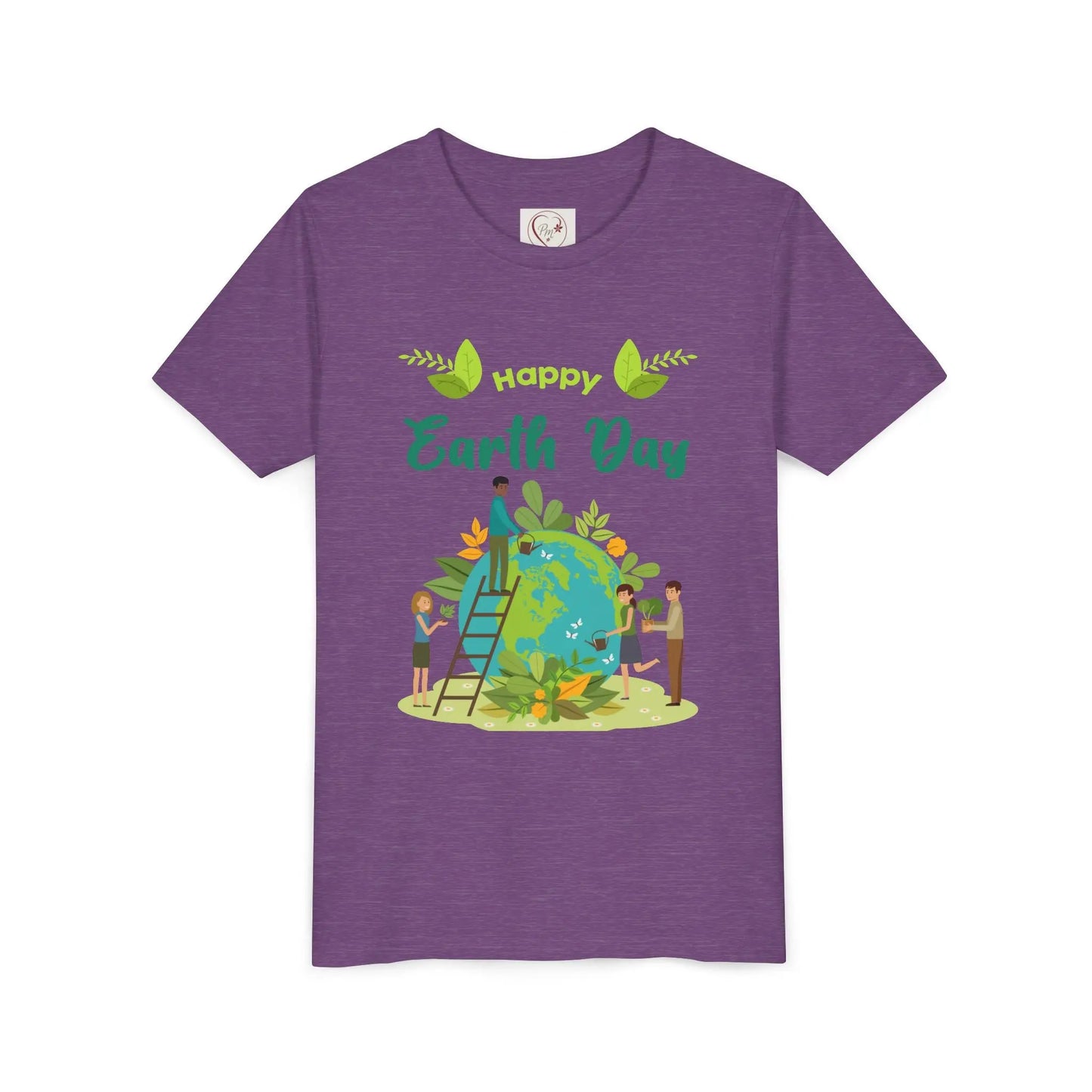 Soft cotton youth tee with kids tending leafy globe design. Perfect for Earth Day celebrations and eco-friendly kids. Sizes S-XL. Heather Team Purple