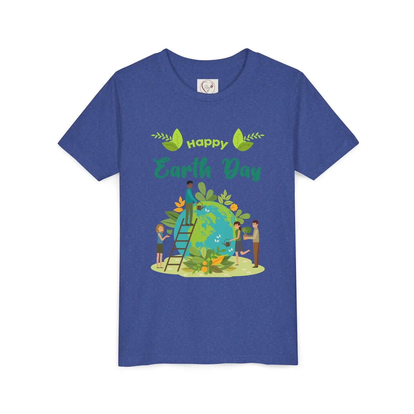 Soft cotton youth tee with kids tending leafy globe design. Perfect for Earth Day celebrations and eco-friendly kids. Sizes S-XL. Heather True Royal
