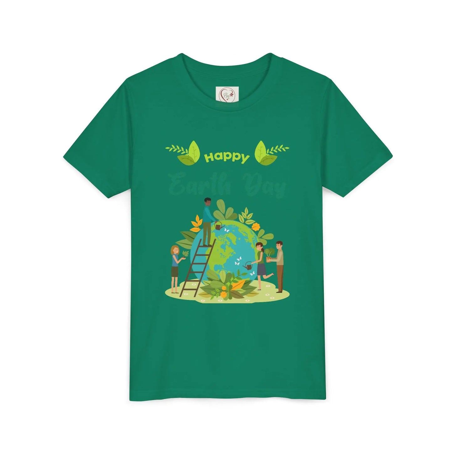 Soft cotton youth tee with kids tending leafy globe design. Perfect for Earth Day celebrations and eco-friendly kids. Sizes S-XL. Kelly Green
