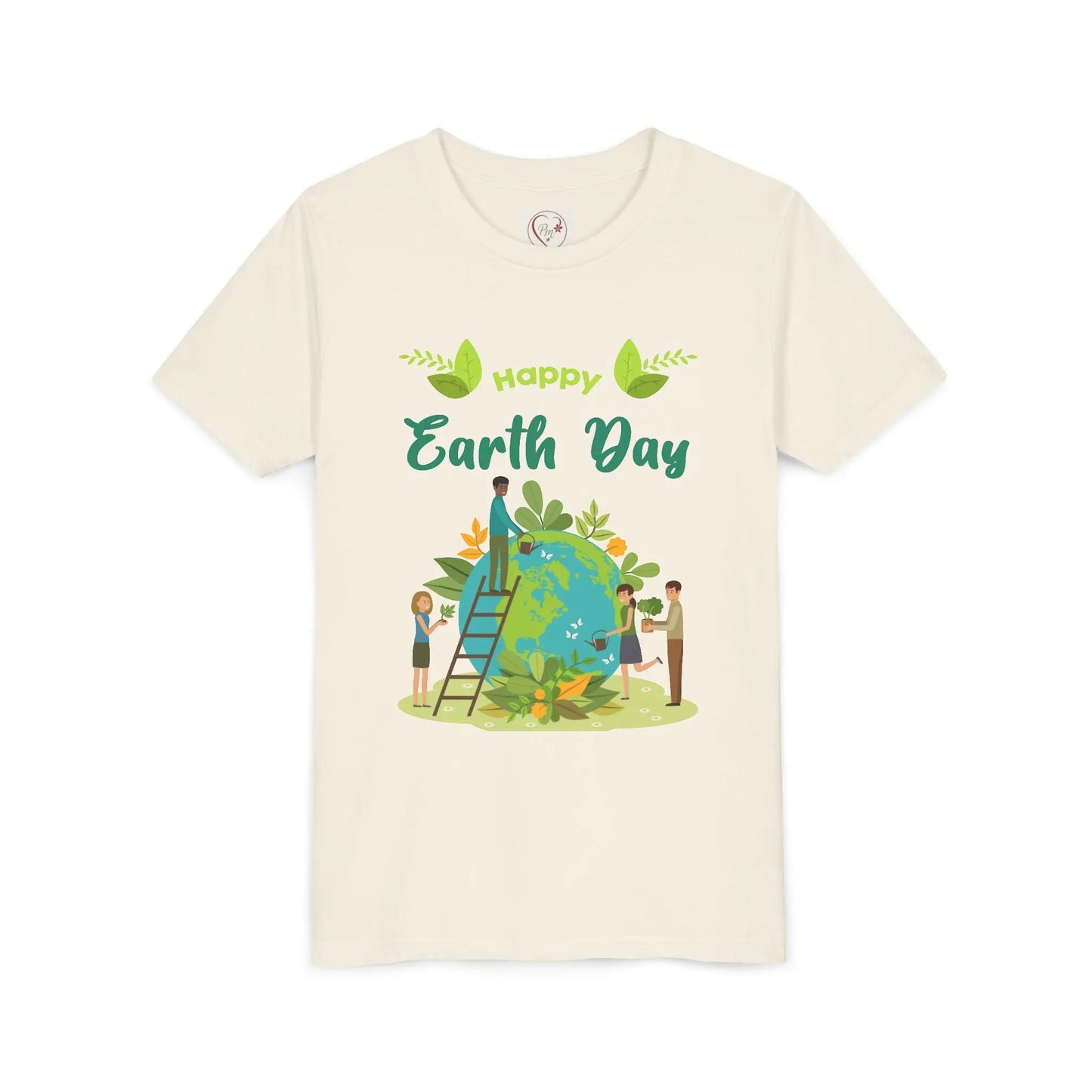 Soft cotton youth tee with kids tending leafy globe design. Perfect for Earth Day celebrations and eco-friendly kids. Sizes S-XL. Natural