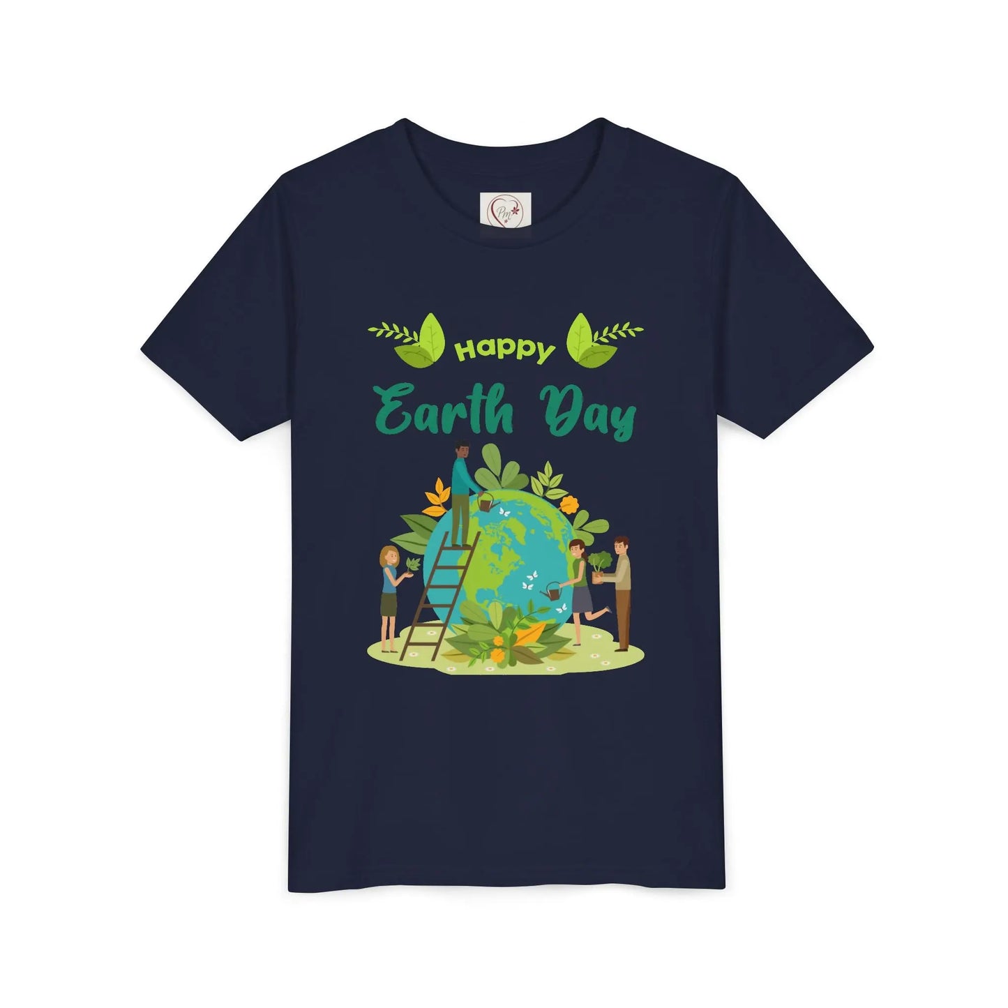 Soft cotton youth tee with kids tending leafy globe design. Perfect for Earth Day celebrations and eco-friendly kids. Sizes S-XL. Navy