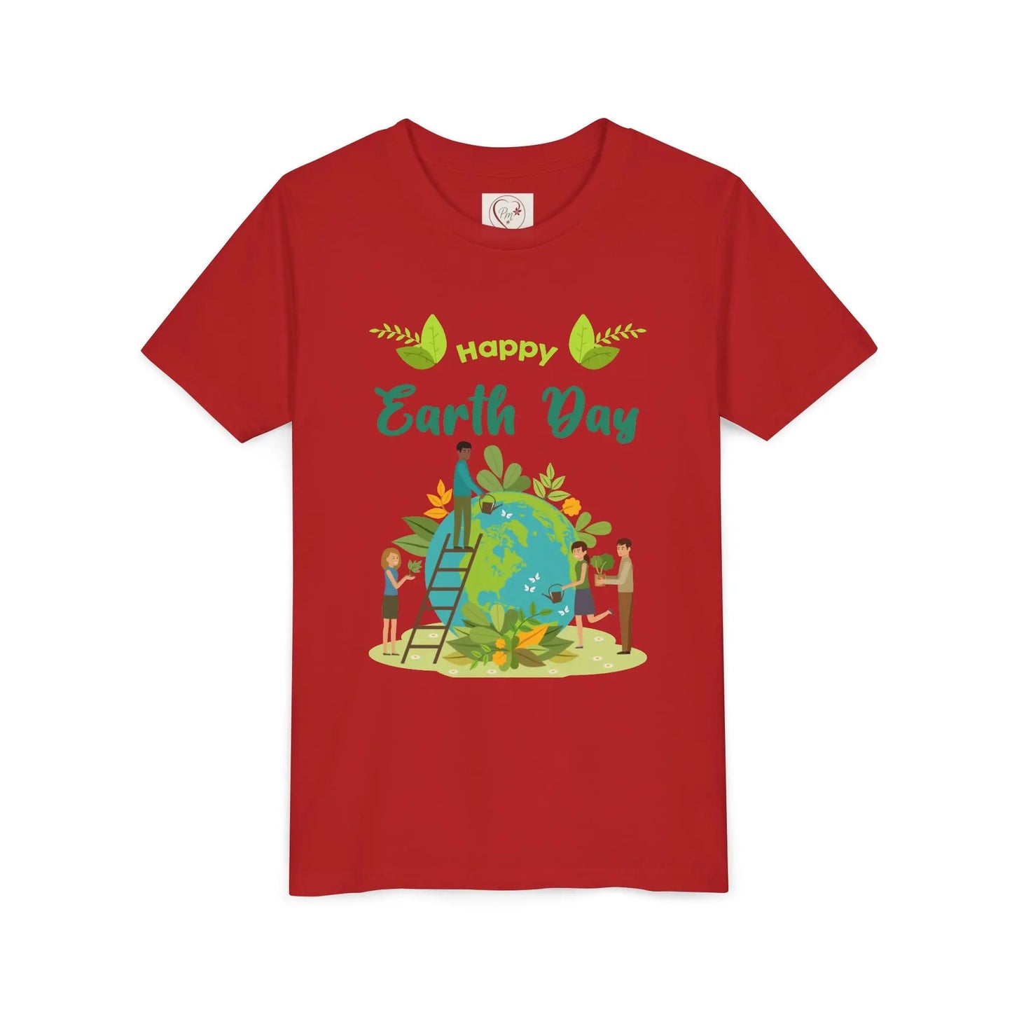 Soft cotton youth tee with kids tending leafy globe design. Perfect for Earth Day celebrations and eco-friendly kids. Sizes S-XL. Red