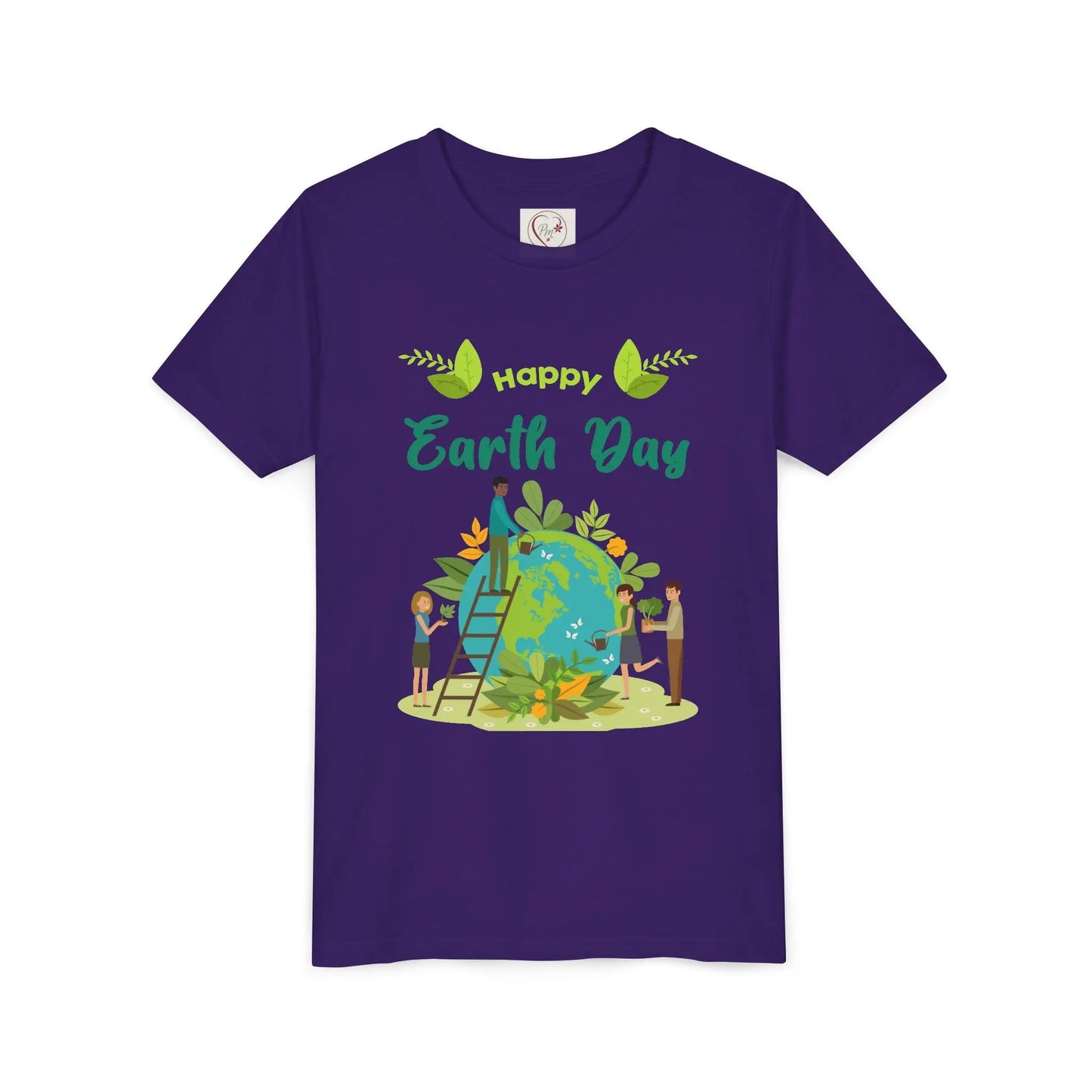 Soft cotton youth tee with kids tending leafy globe design. Perfect for Earth Day celebrations and eco-friendly kids. Sizes S-XL. Team Purple