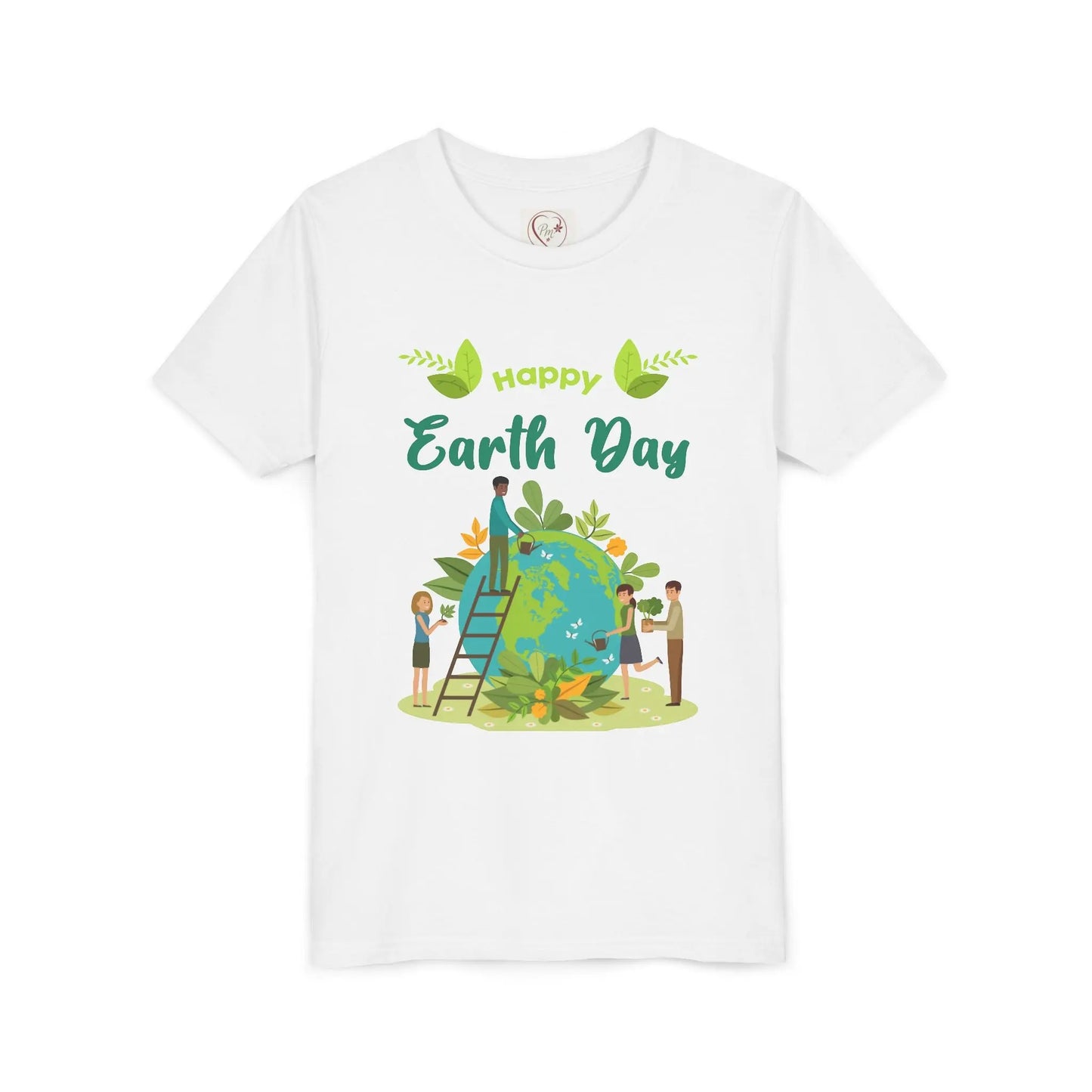 Soft cotton youth tee with kids tending leafy globe design. Perfect for Earth Day celebrations and eco-friendly kids. Sizes S-XL. White