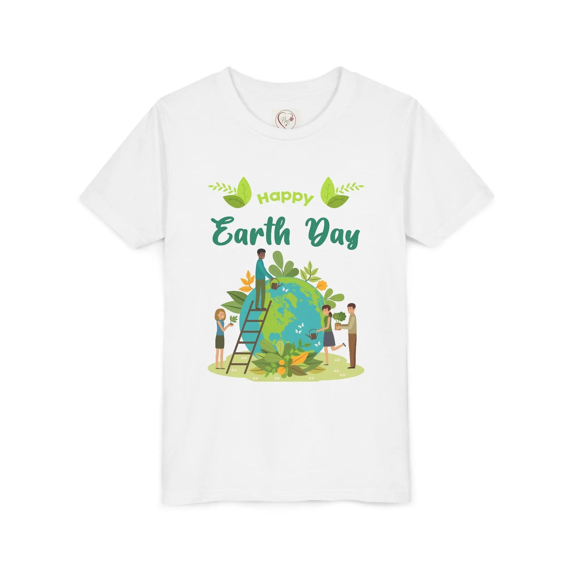 Soft cotton youth tee with kids tending leafy globe design. Perfect for Earth Day celebrations and eco-friendly kids. Sizes S-XL. White