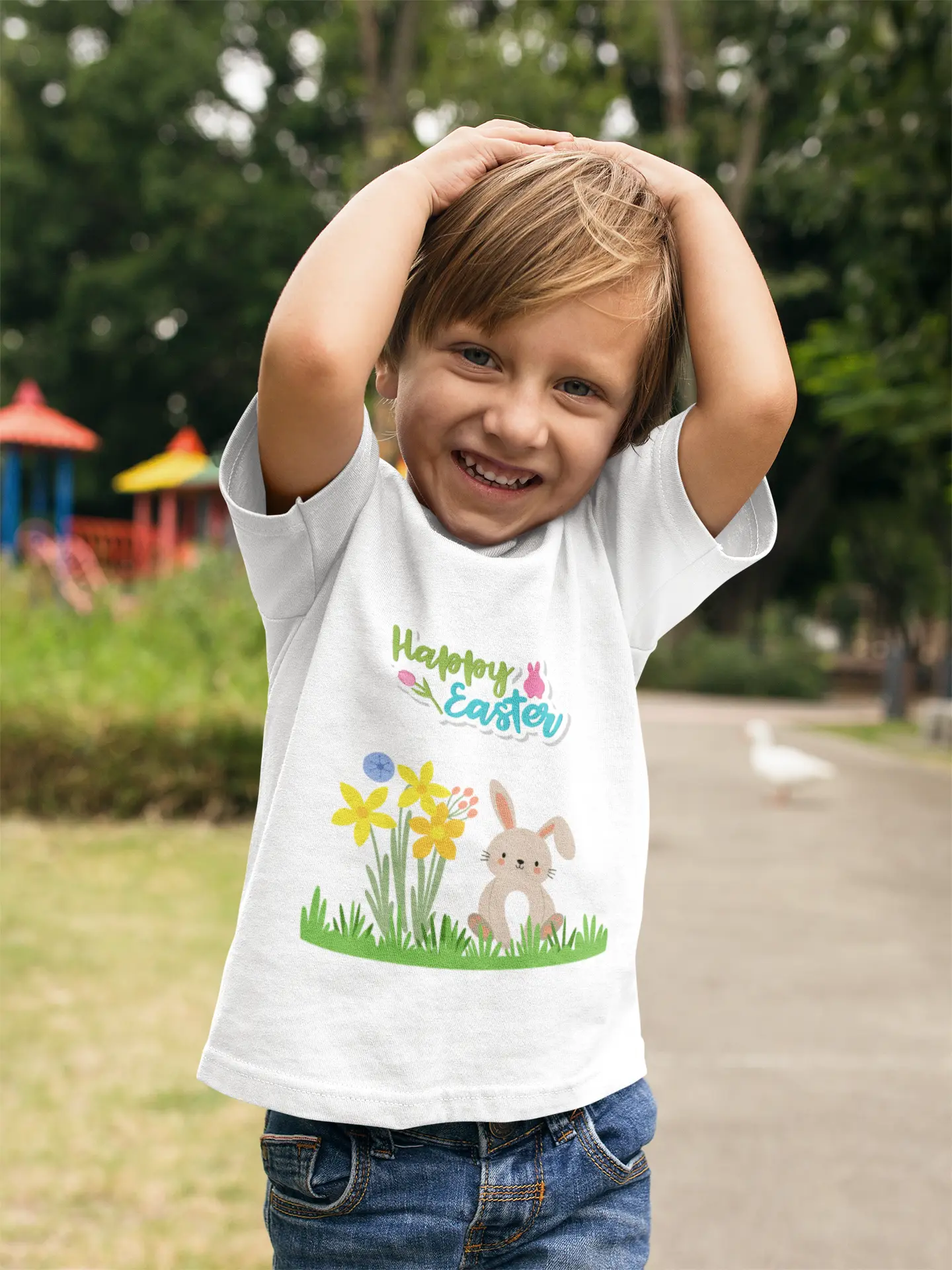 Toddler wearing Happy Easter tee with pastel bunny and daffodils design, White
