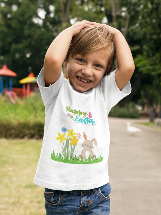 Toddler wearing Happy Easter tee with pastel bunny and daffodils design, White
